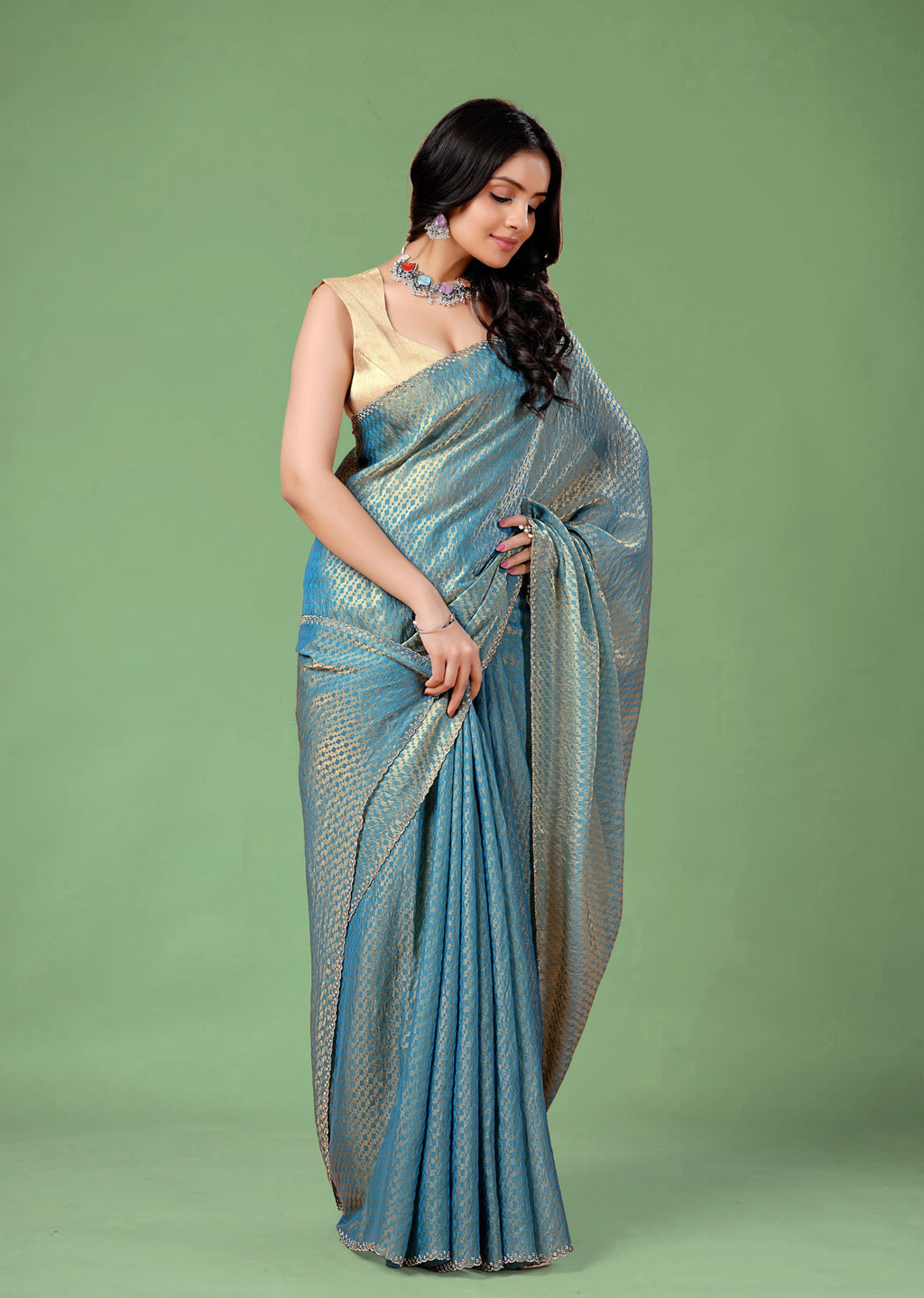 Sky Blue Organza Printed Saree with Stone Work Border Detailing