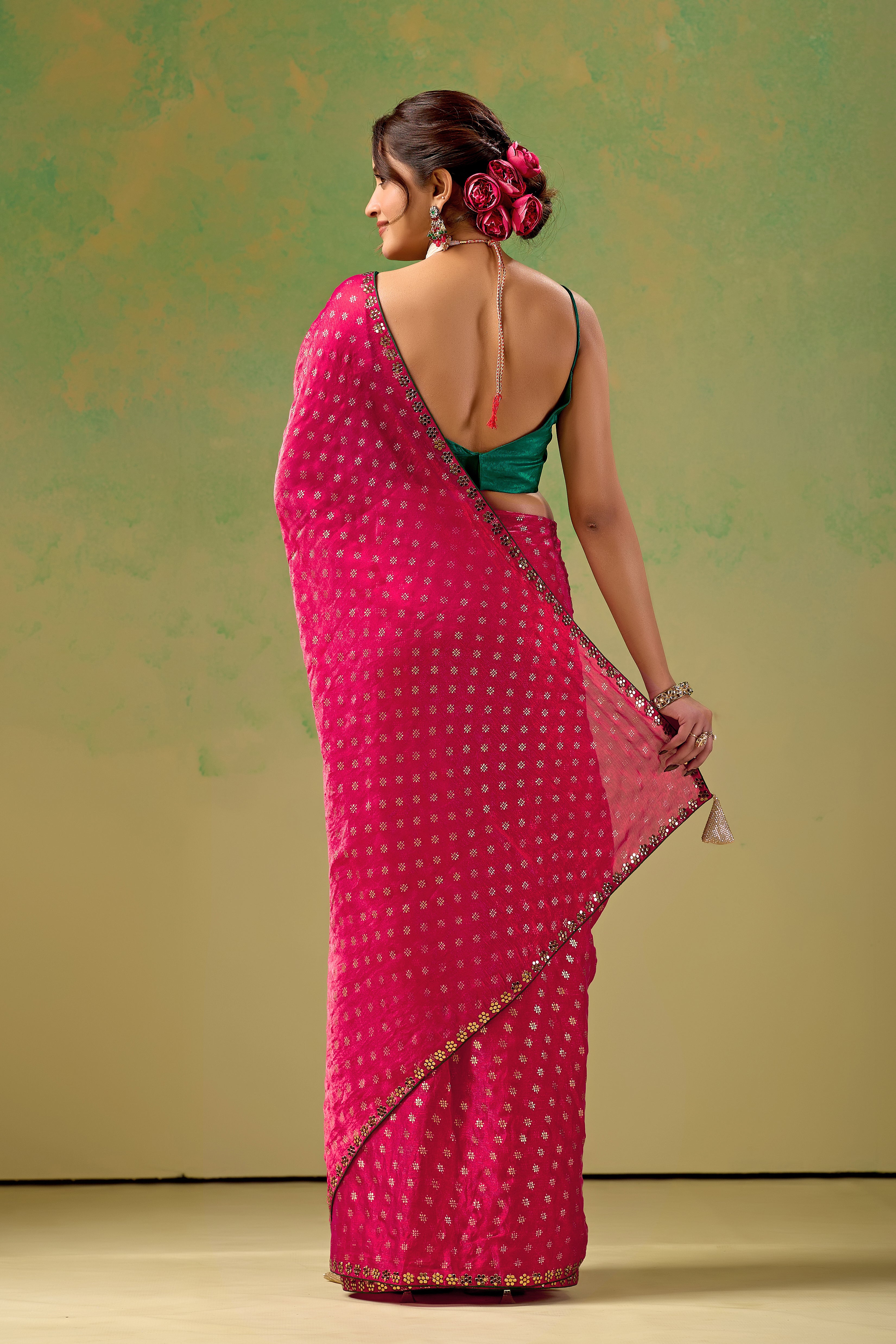 Rani Pink Tissue Silk Saree With Foil Butti Print