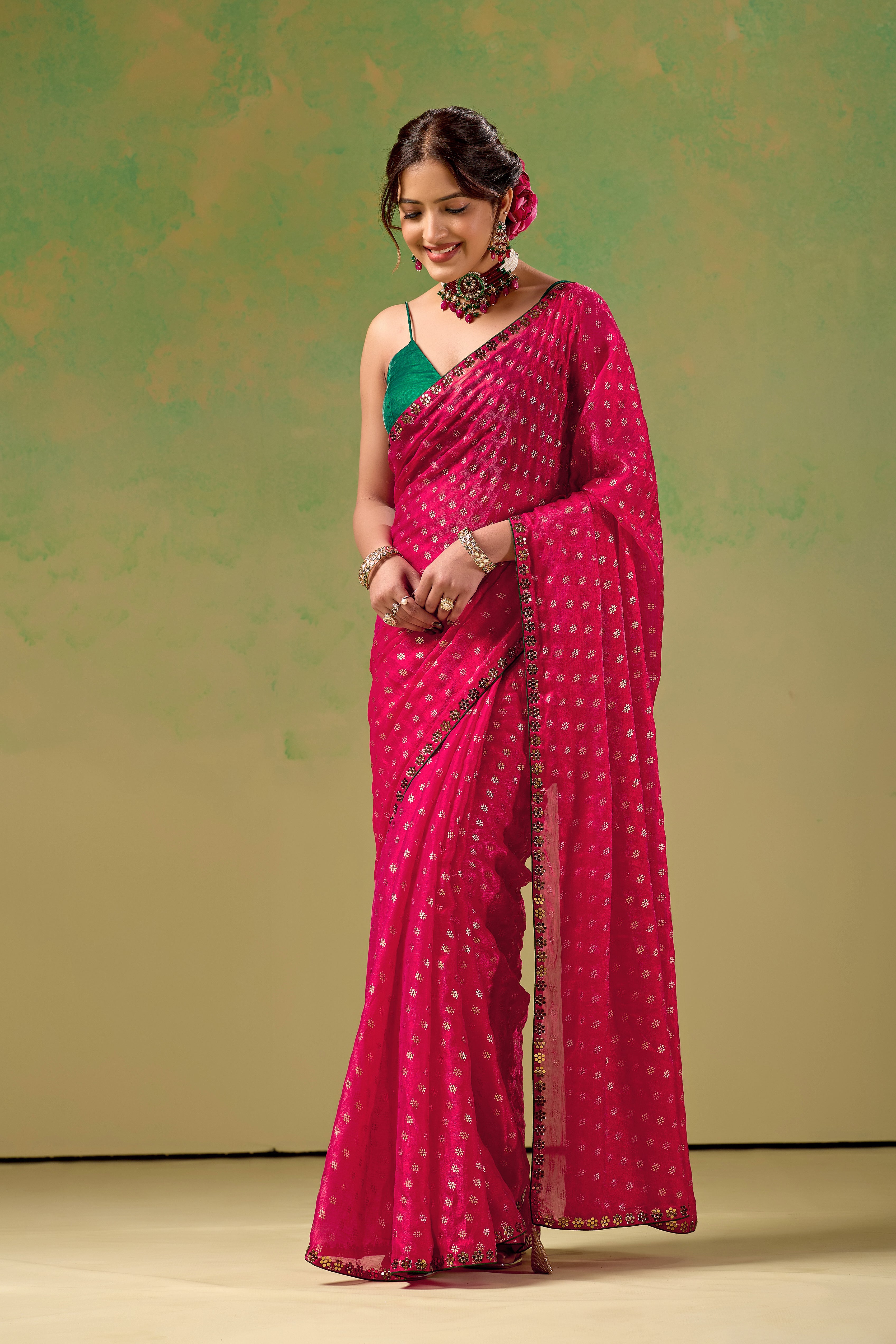 Rani Pink Tissue Silk Saree With Foil Butti Print