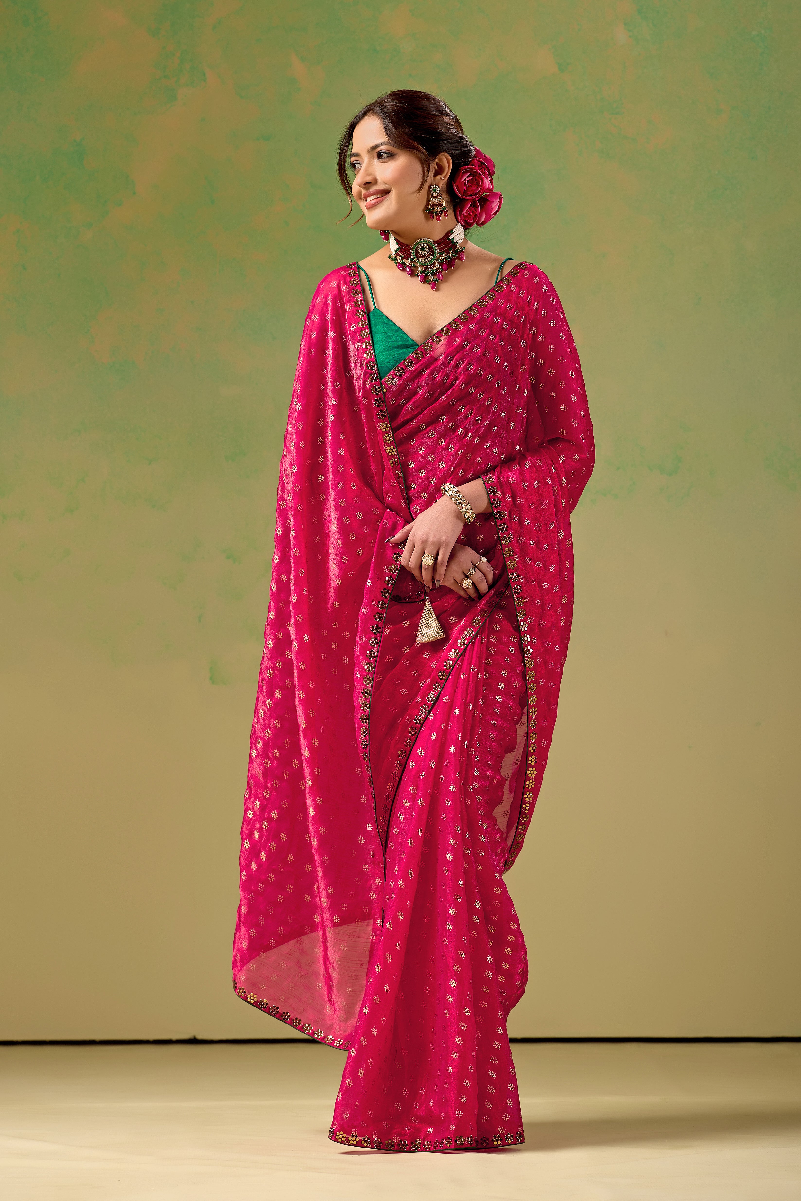 Rani Pink Tissue Silk Saree With Foil Butti Print