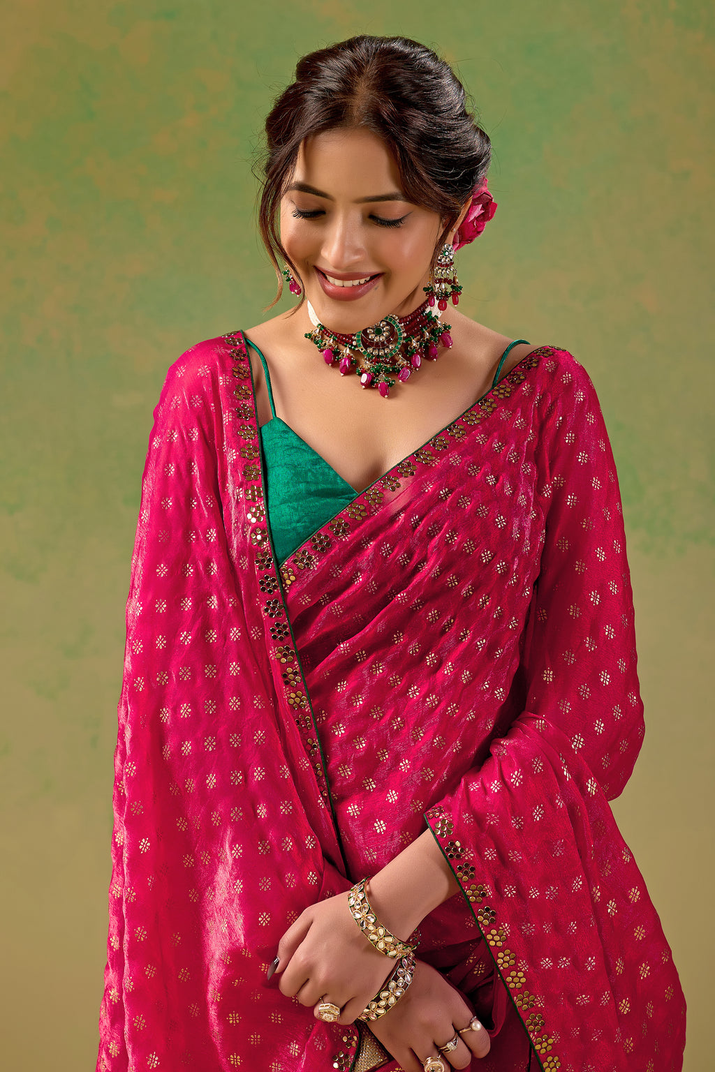 Rani Pink Tissue Silk Saree With Foil Butti Print
