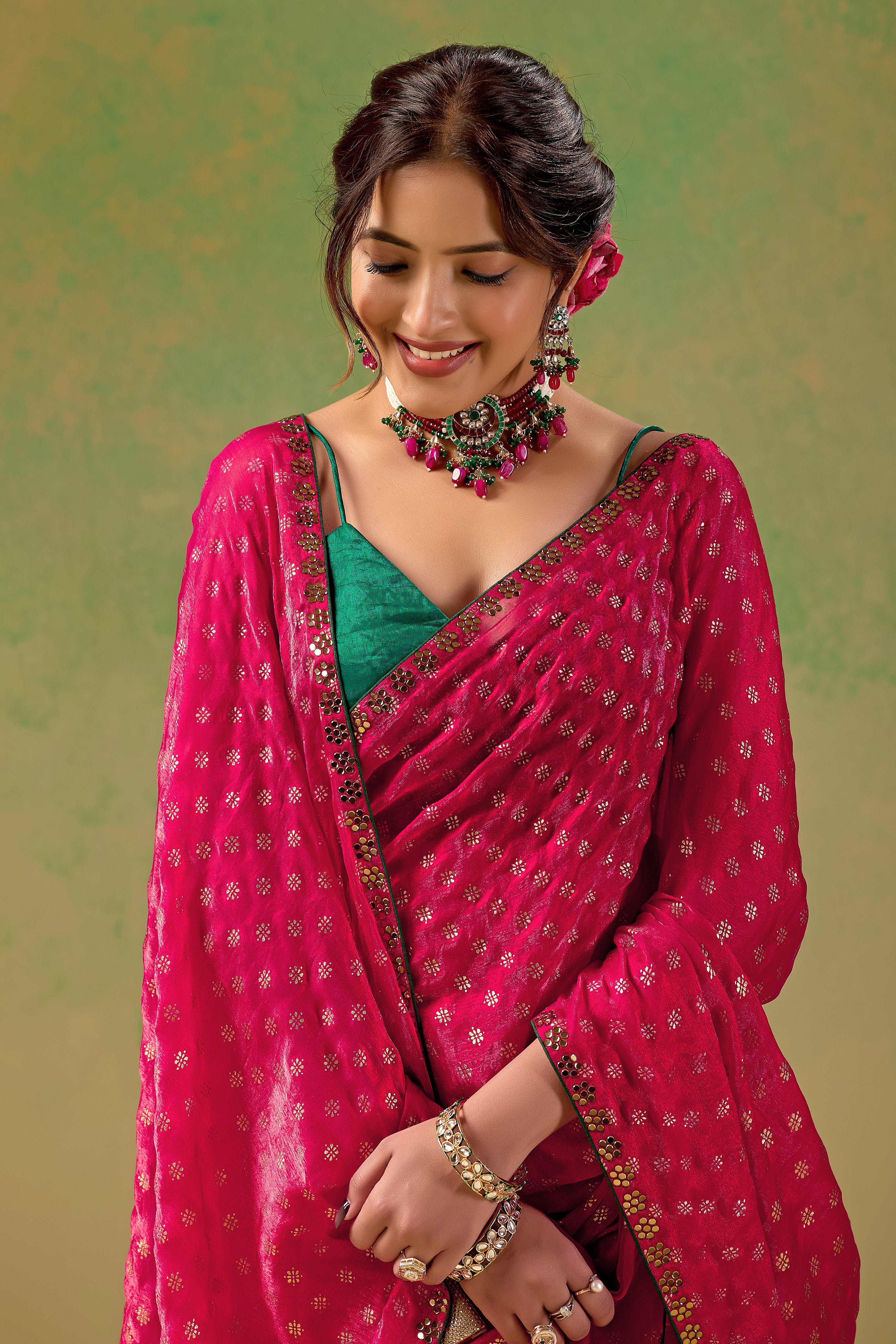 Rani Pink Tissue Silk Saree With Foil Butti Print