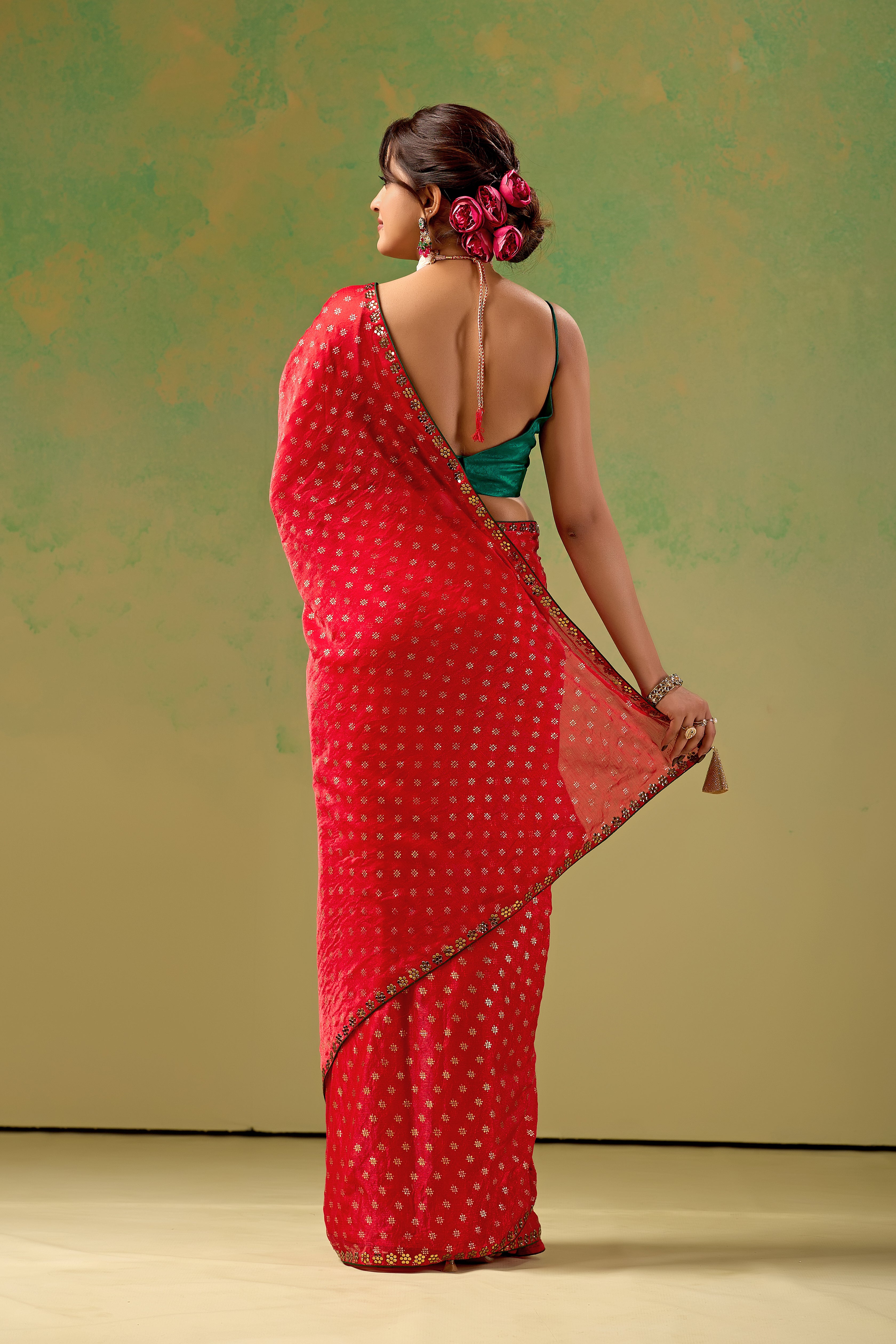 Red Tissue Silk Saree With Foil Butti Print
