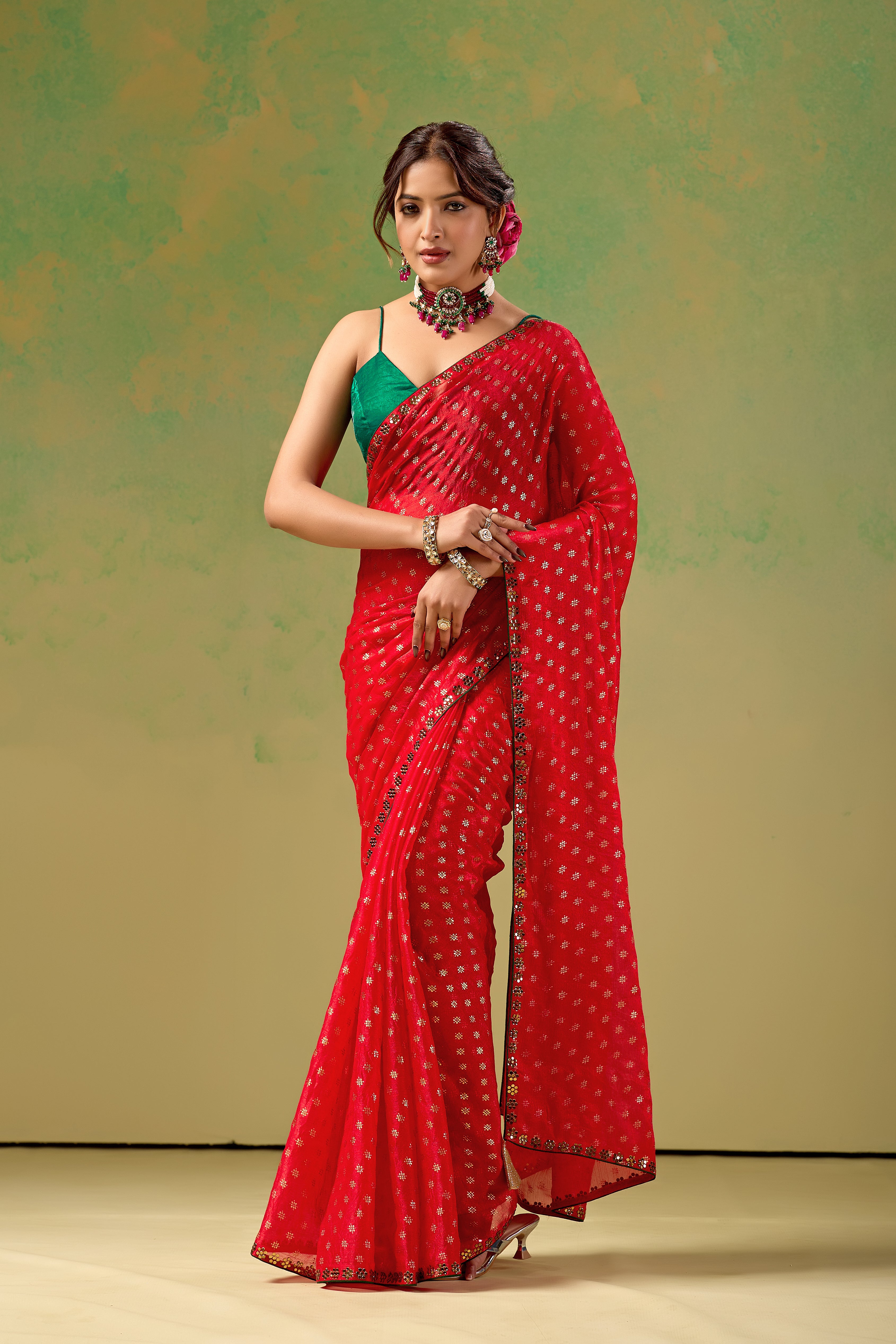 Red Tissue Silk Saree With Foil Butti Print