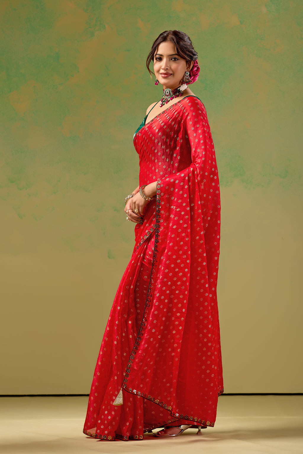 Red Tissue Silk Saree With Foil Butti Print