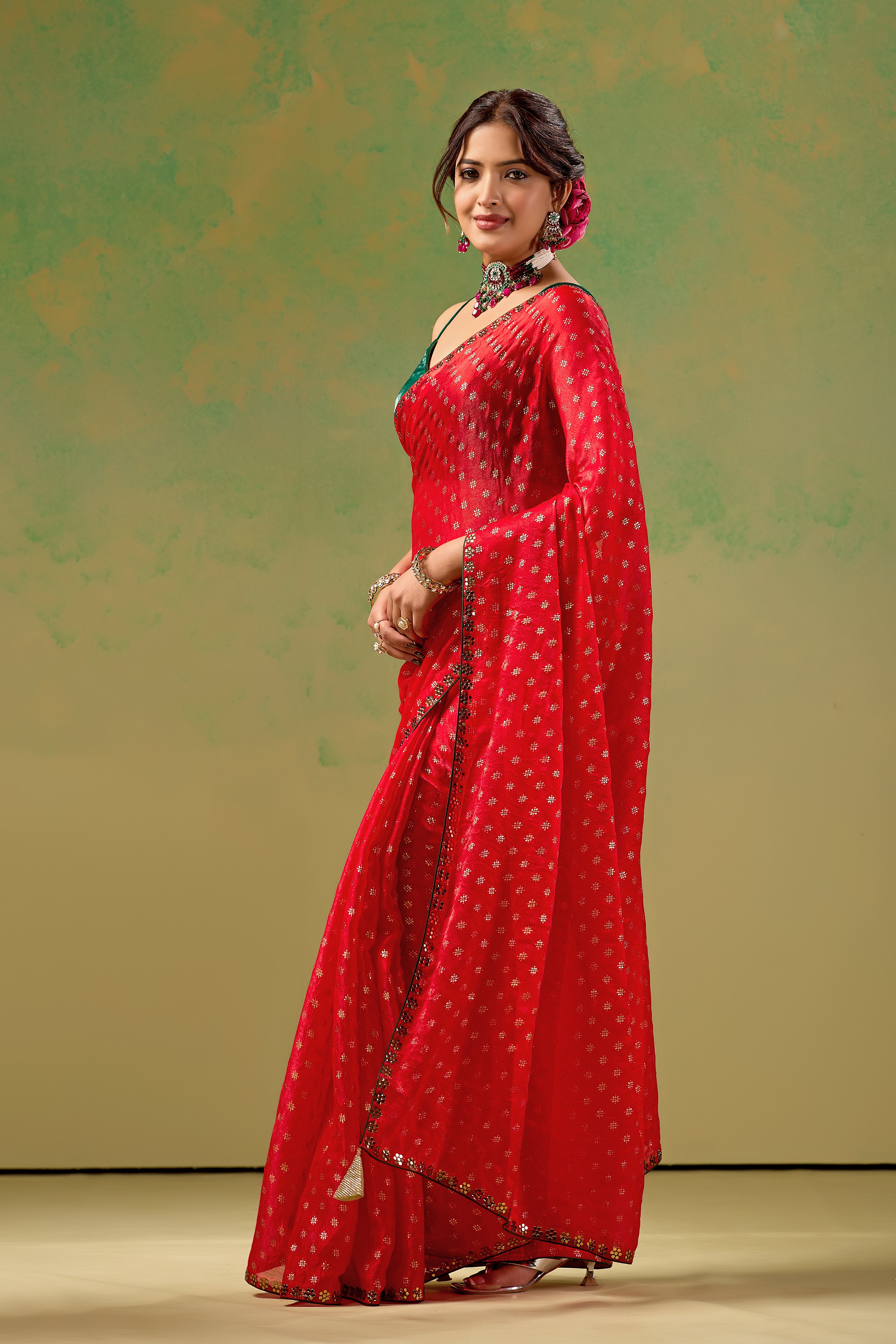 Red Tissue Silk Saree With Foil Butti Print