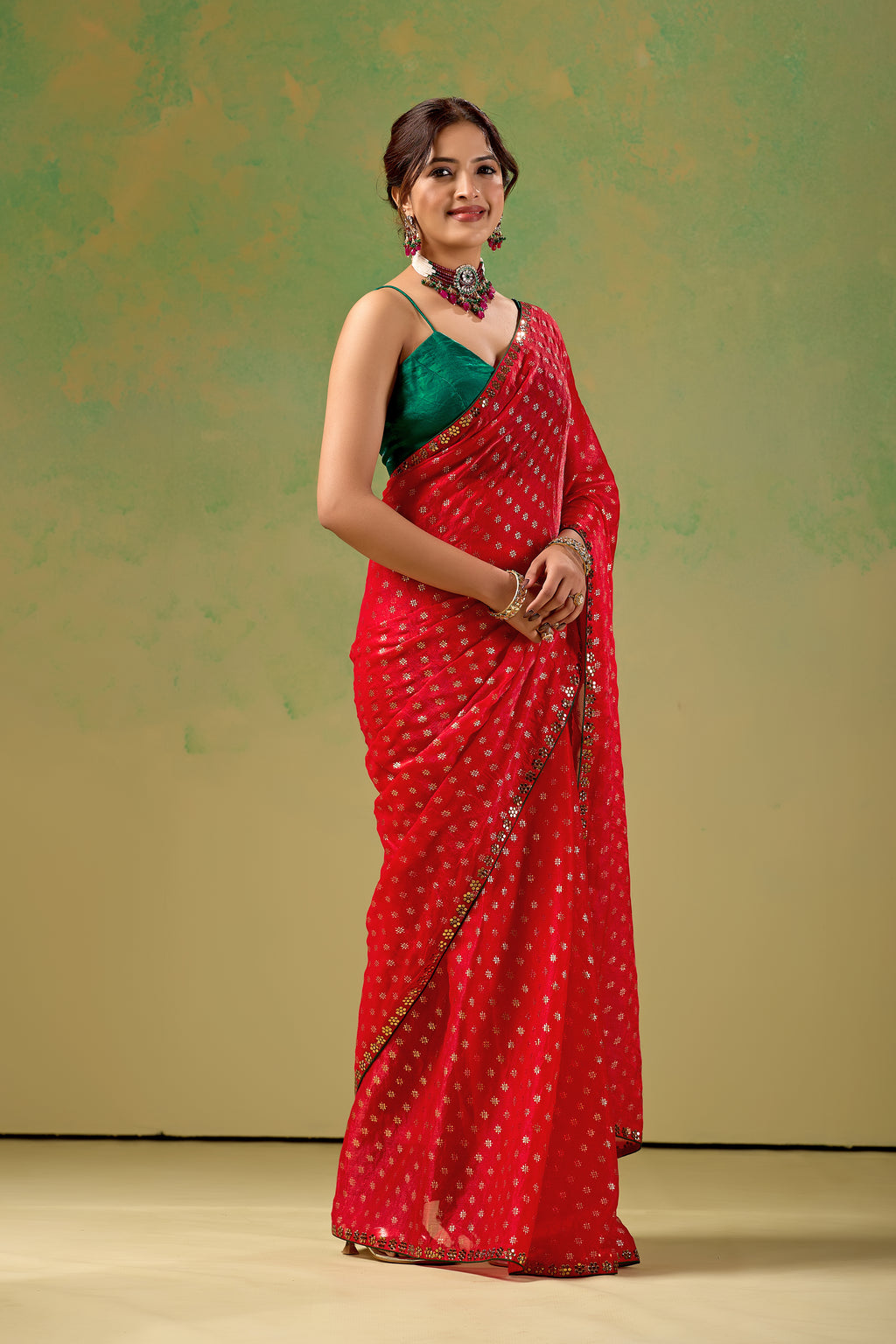 Red Tissue Silk Saree With Foil Butti Print