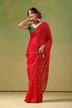Red Tissue Silk Saree With Foil Butti Print
