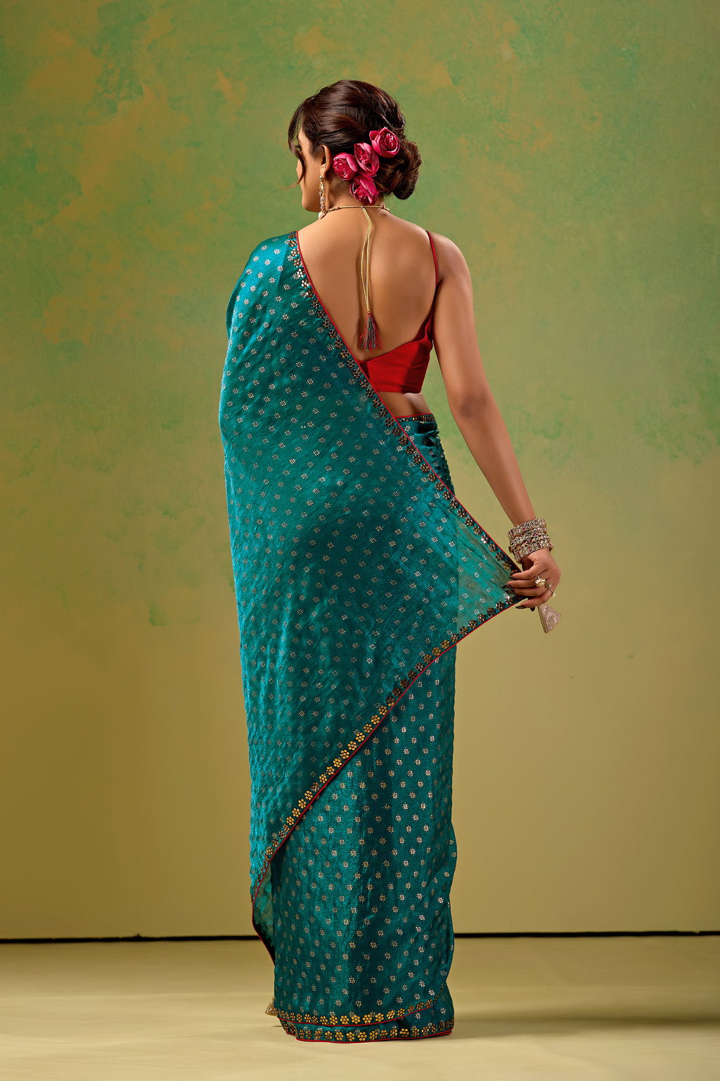 Teal Blue Tissue Silk Saree With Foil Butti Print