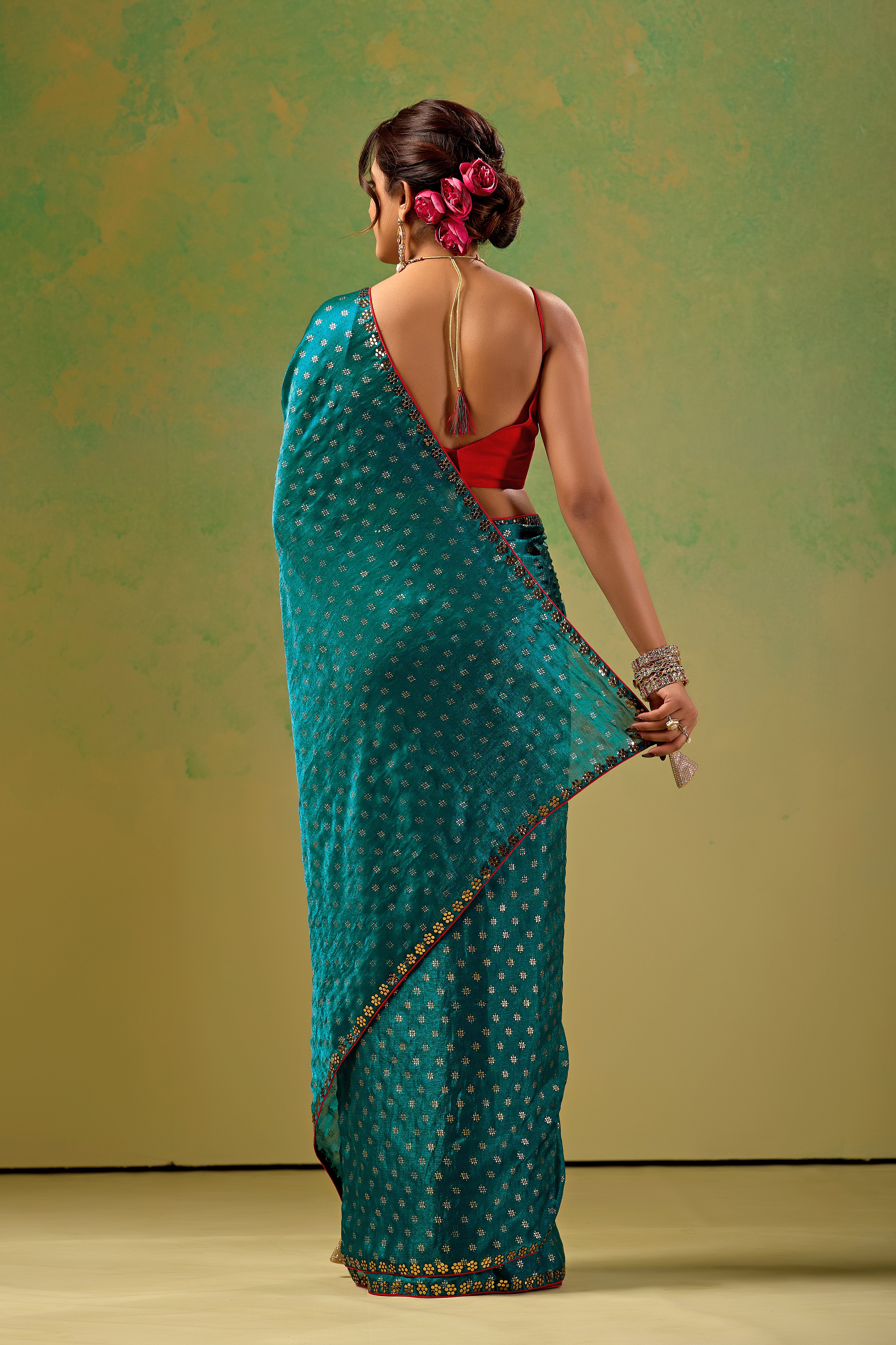 Teal Blue Tissue Silk Saree With Foil Butti Print