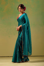 Teal Blue Tissue Silk Saree With Foil Butti Print