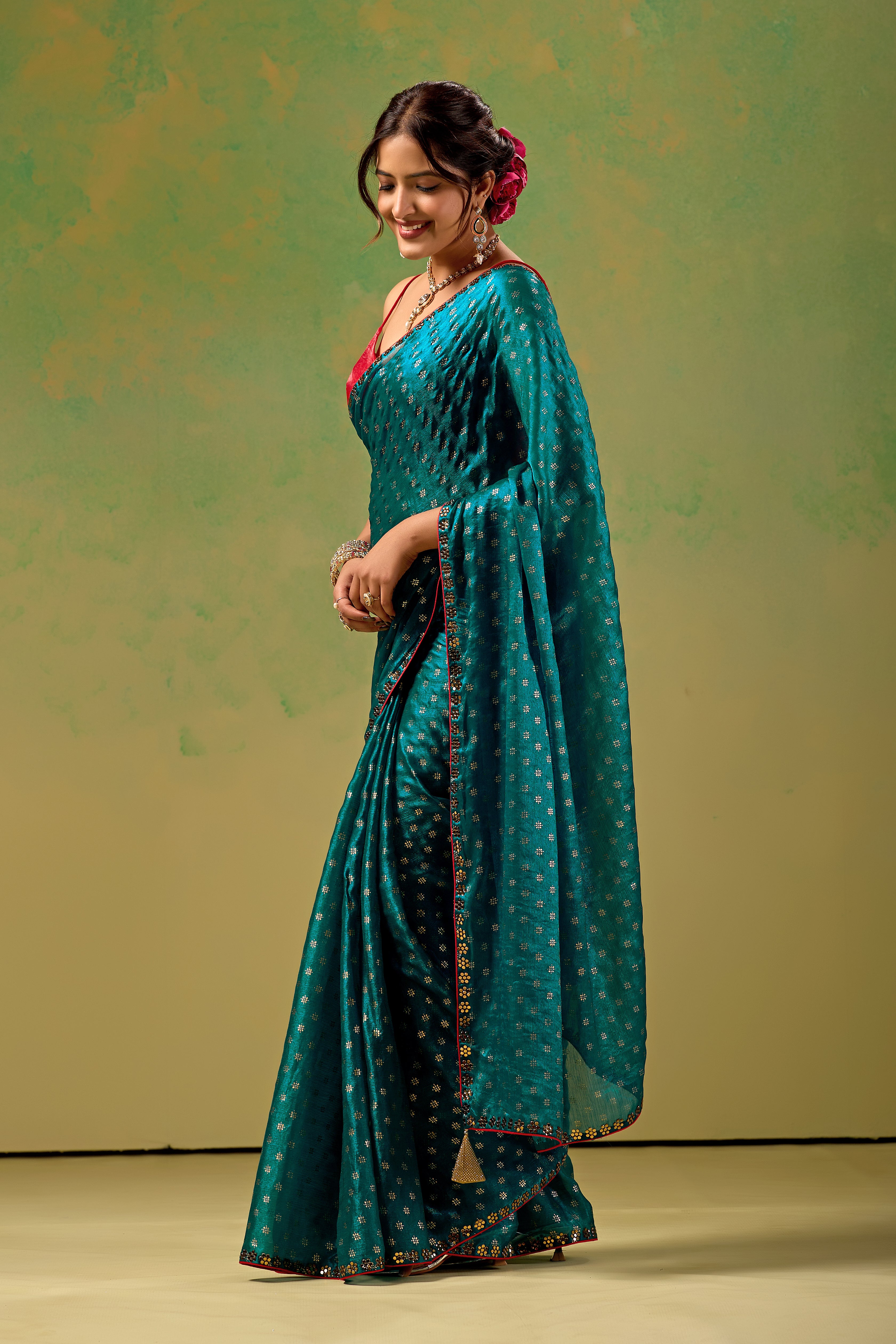 Teal Blue Tissue Silk Saree With Foil Butti Print