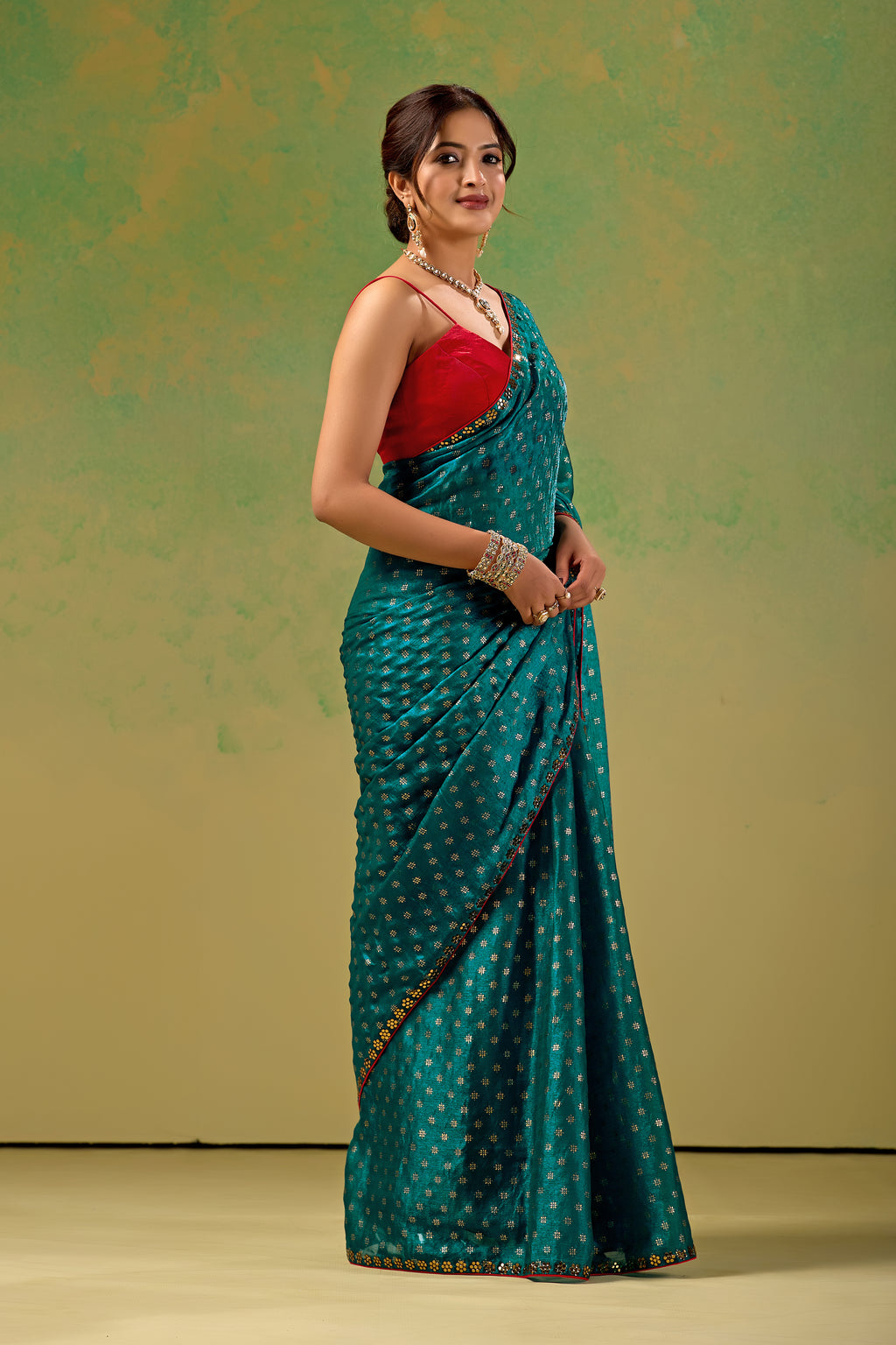 Teal Blue Tissue Silk Saree With Foil Butti Print