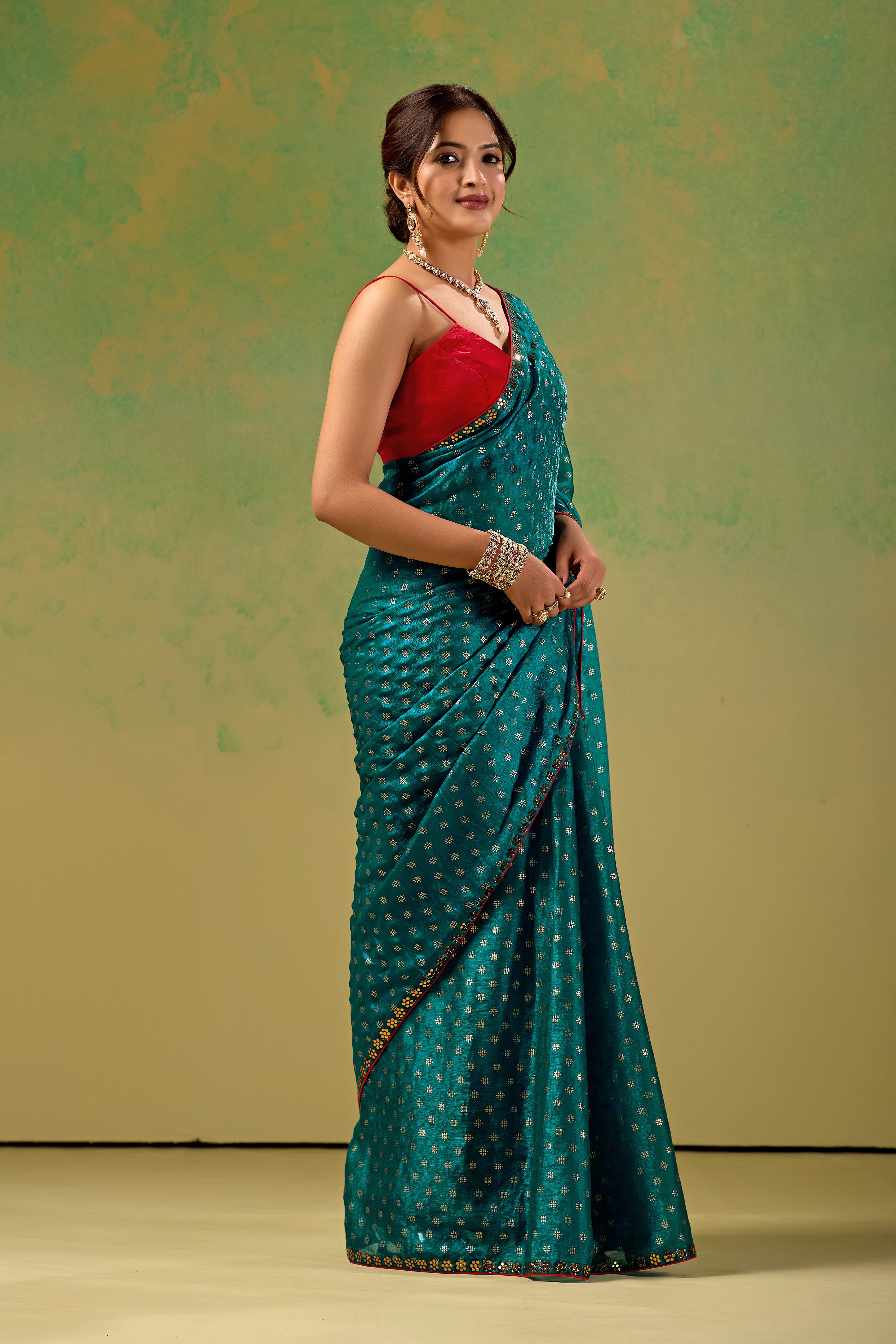 Teal Blue Tissue Silk Saree With Foil Butti Print