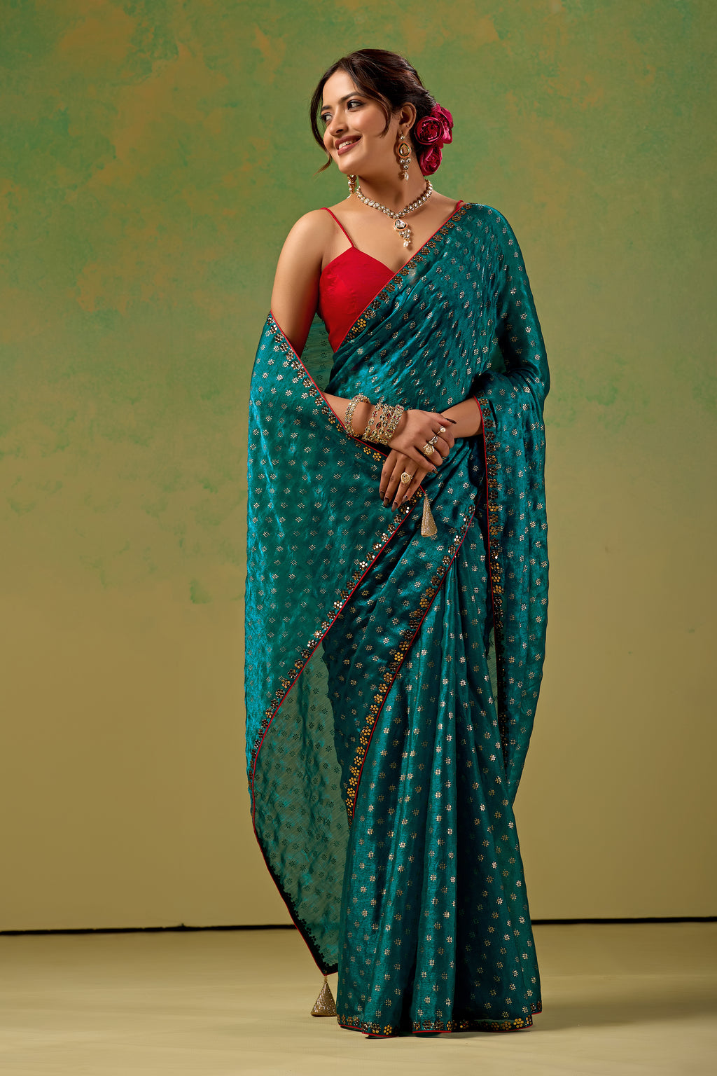 Teal Blue Tissue Silk Saree With Foil Butti Print