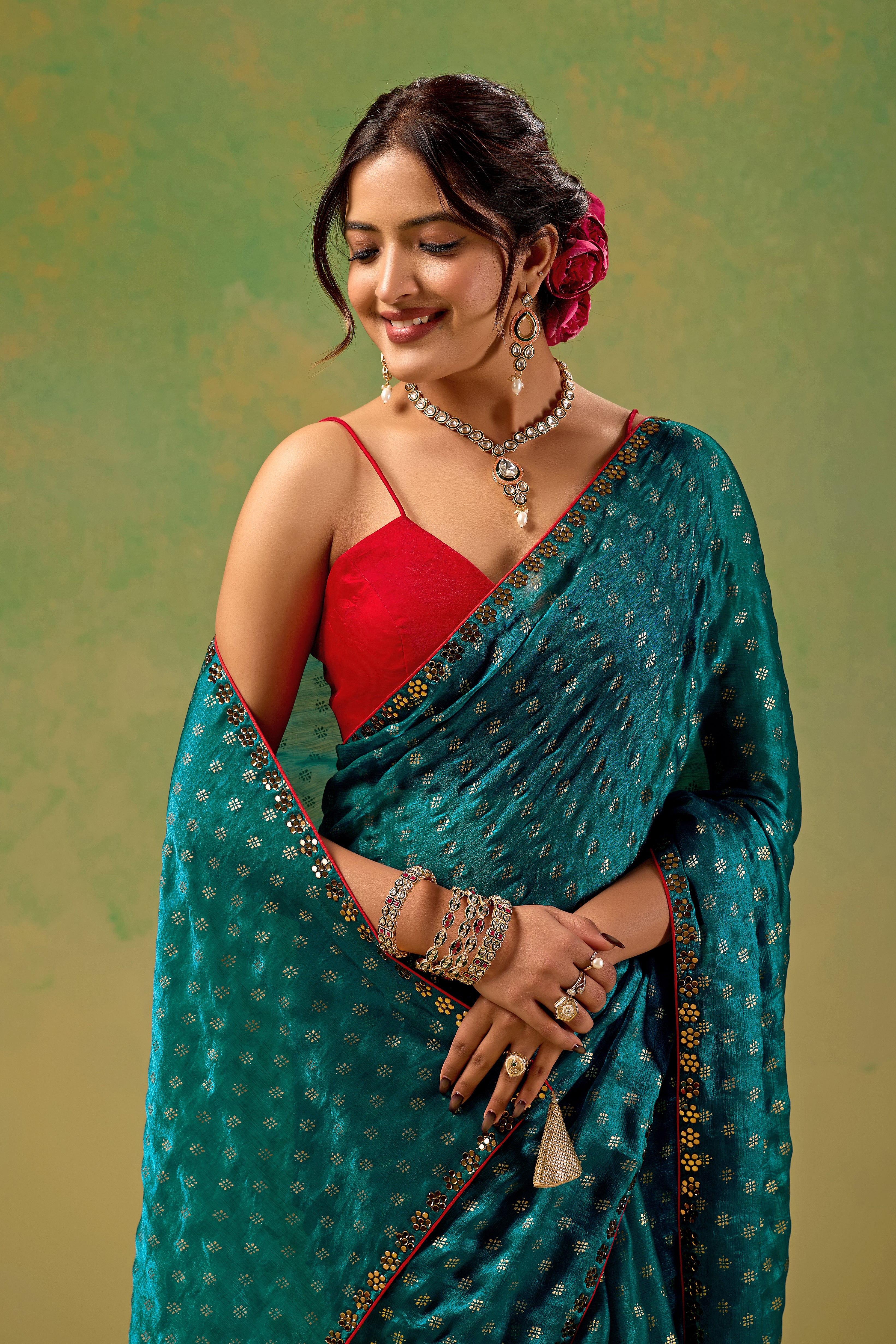 Teal Blue Tissue Silk Saree With Foil Butti Print