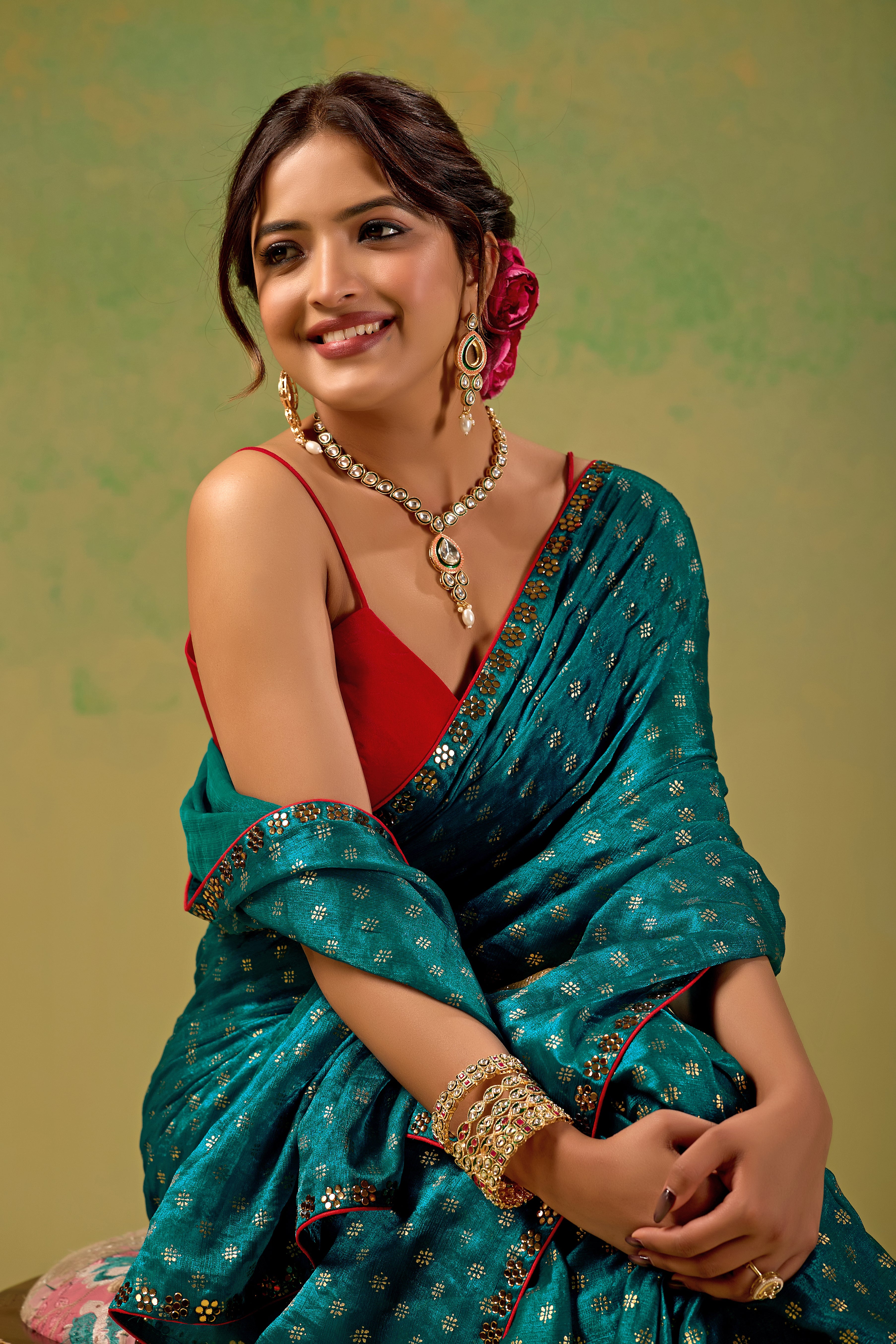 Teal Blue Tissue Silk Saree With Foil Butti Print