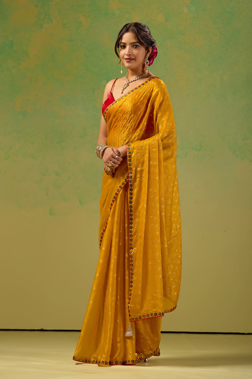 Mustard Yellow Tissue Silk Saree With Foil Butti Print