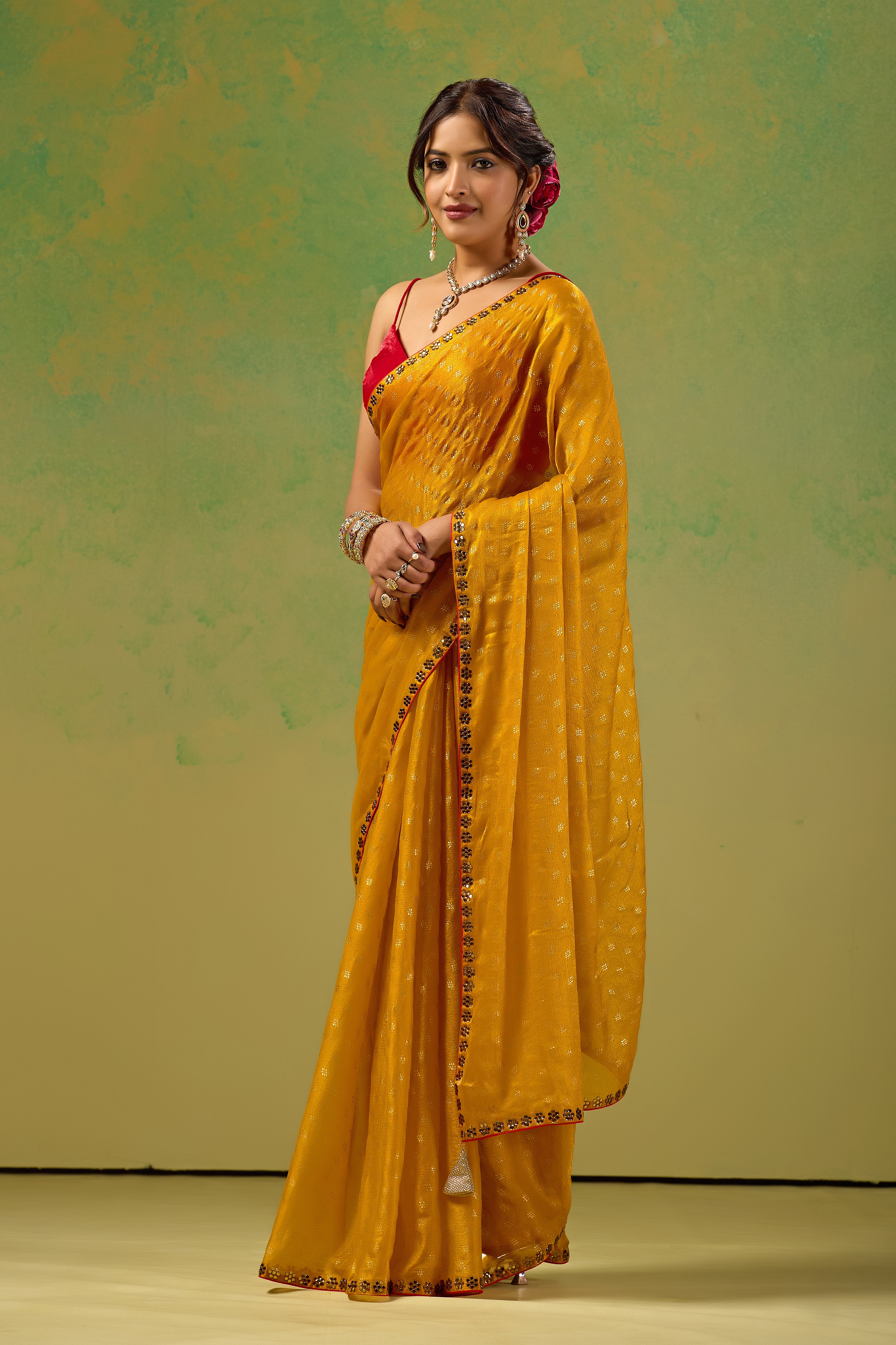 Mustard Yellow Tissue Silk Saree With Foil Butti Print