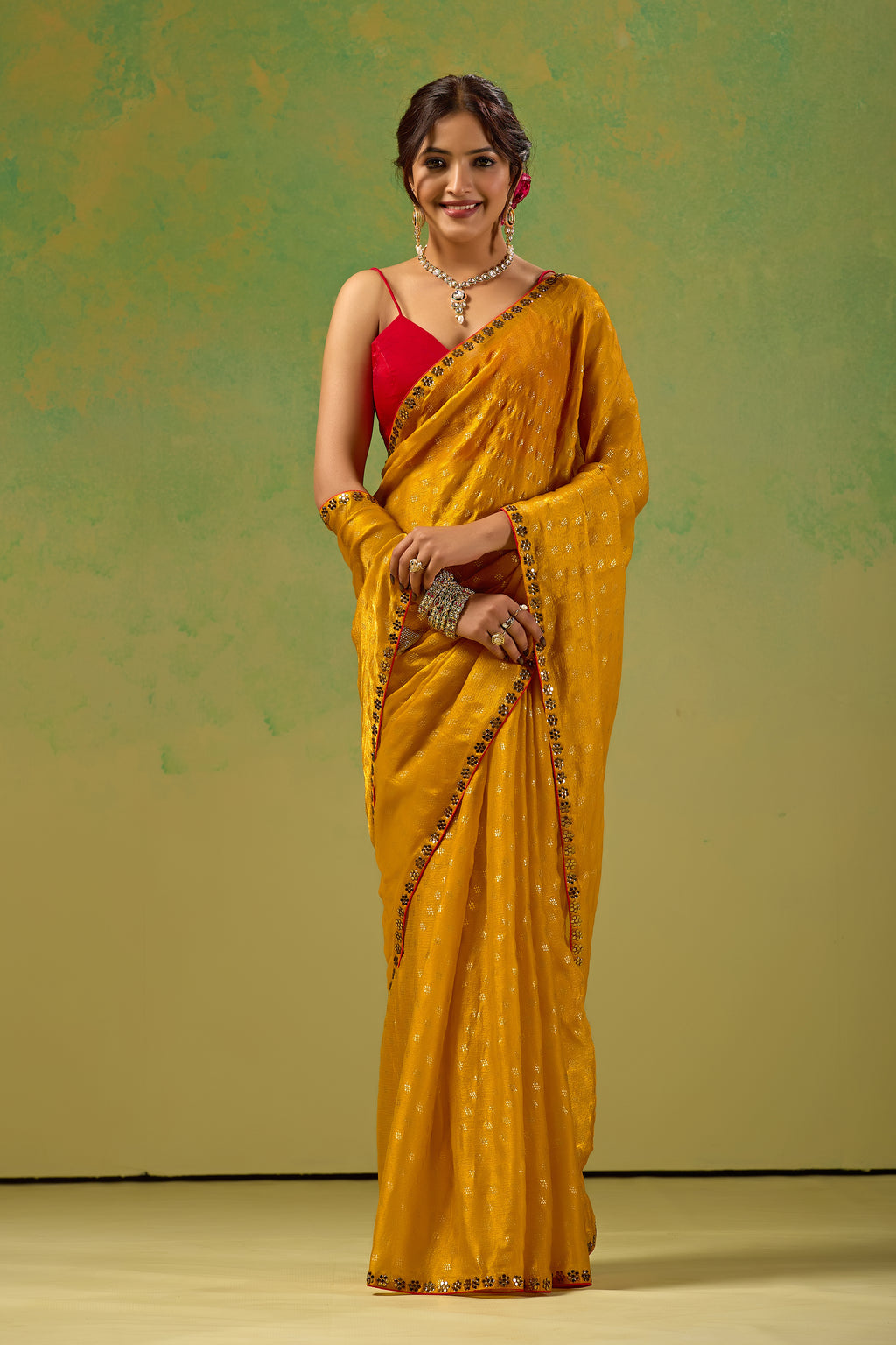 Mustard Yellow Tissue Silk Saree With Foil Butti Print