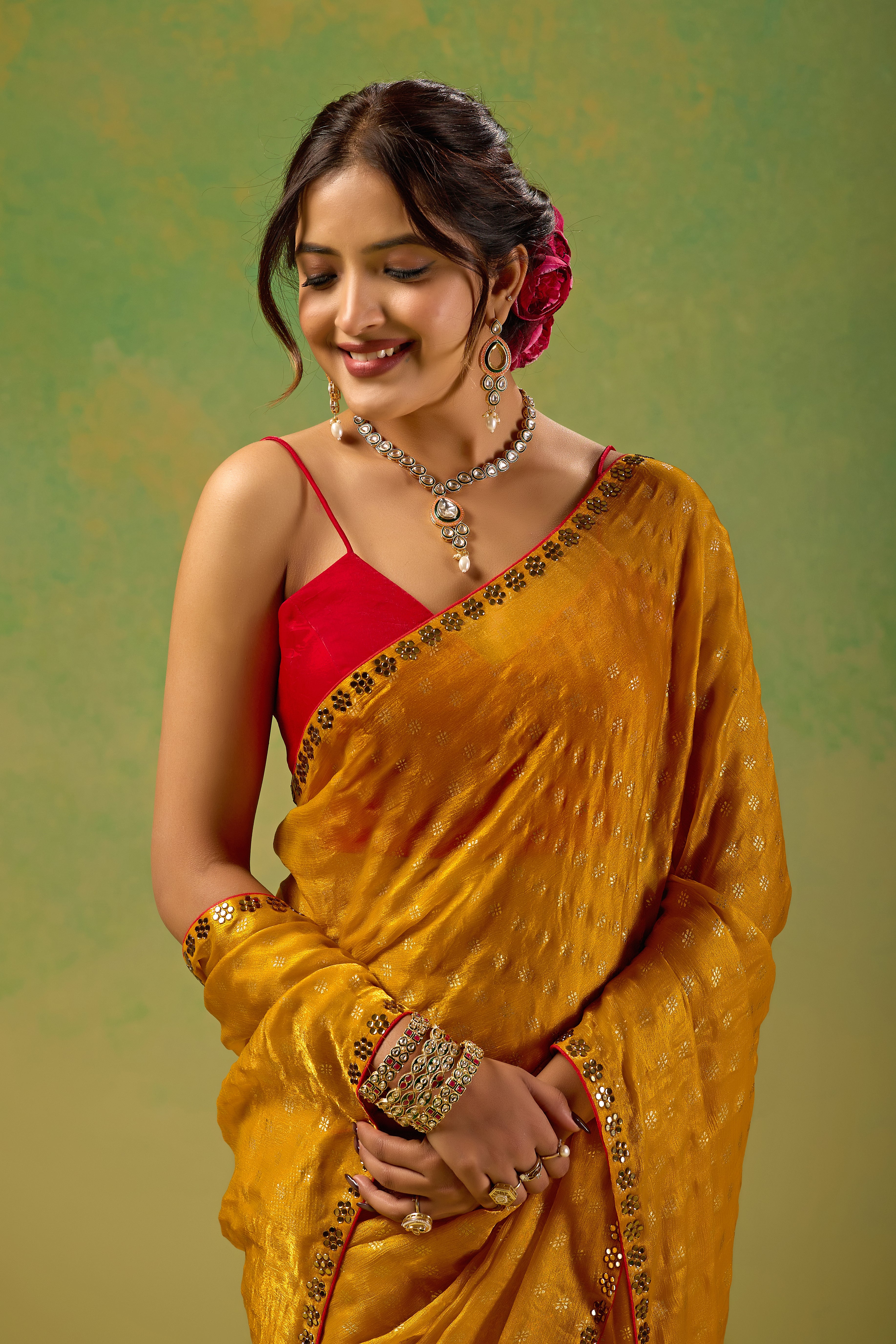 Mustard Yellow Tissue Silk Saree With Foil Butti Print