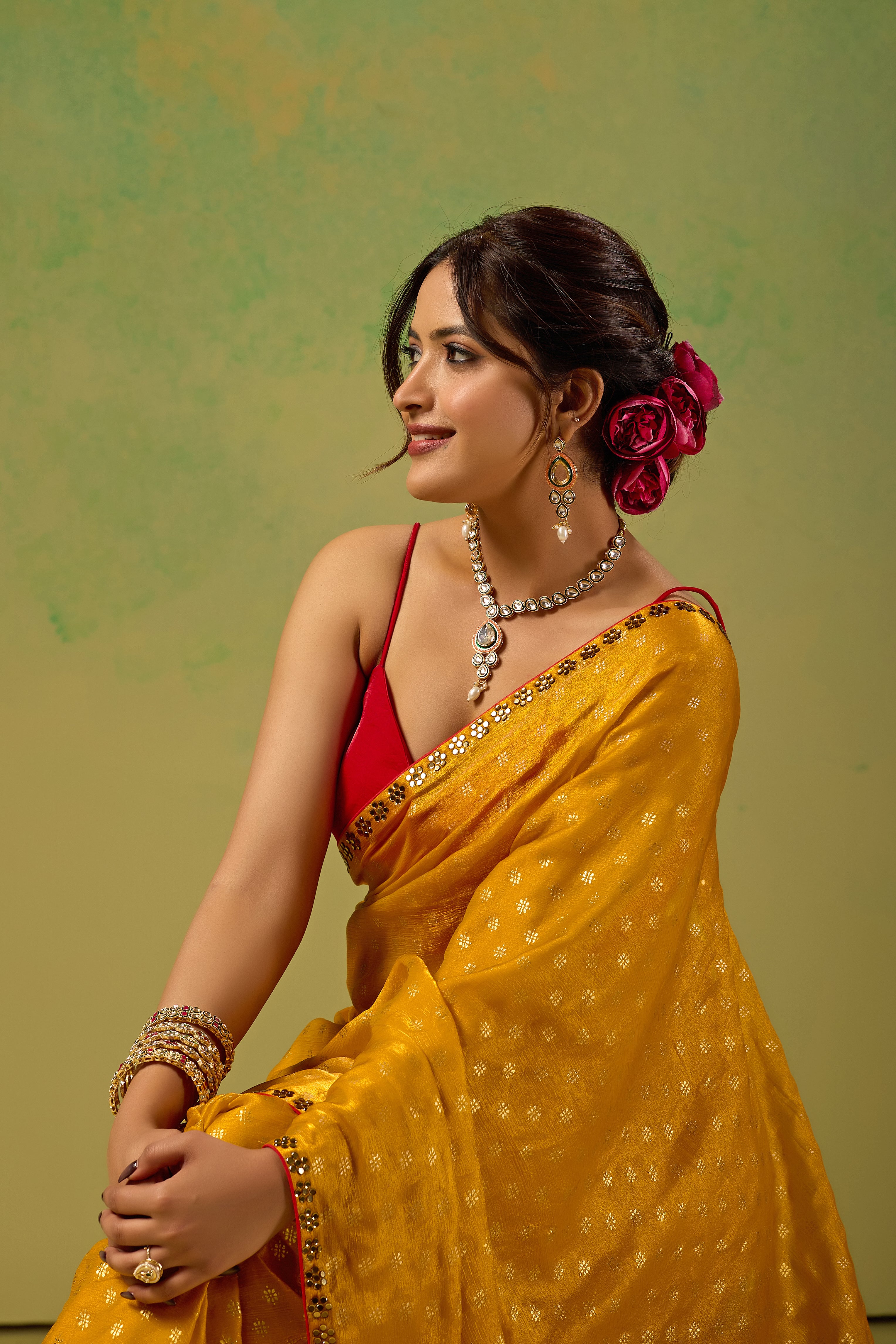 Mustard Yellow Tissue Silk Saree With Foil Butti Print