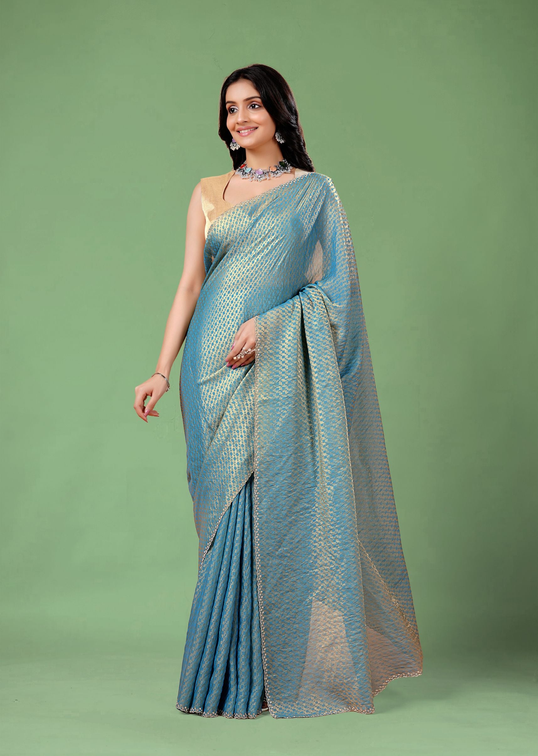 Sky Blue Organza Printed Saree with Stone Work Border Detailing