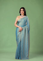 Sky Blue Organza Printed Saree with Stone Work Border Detailing