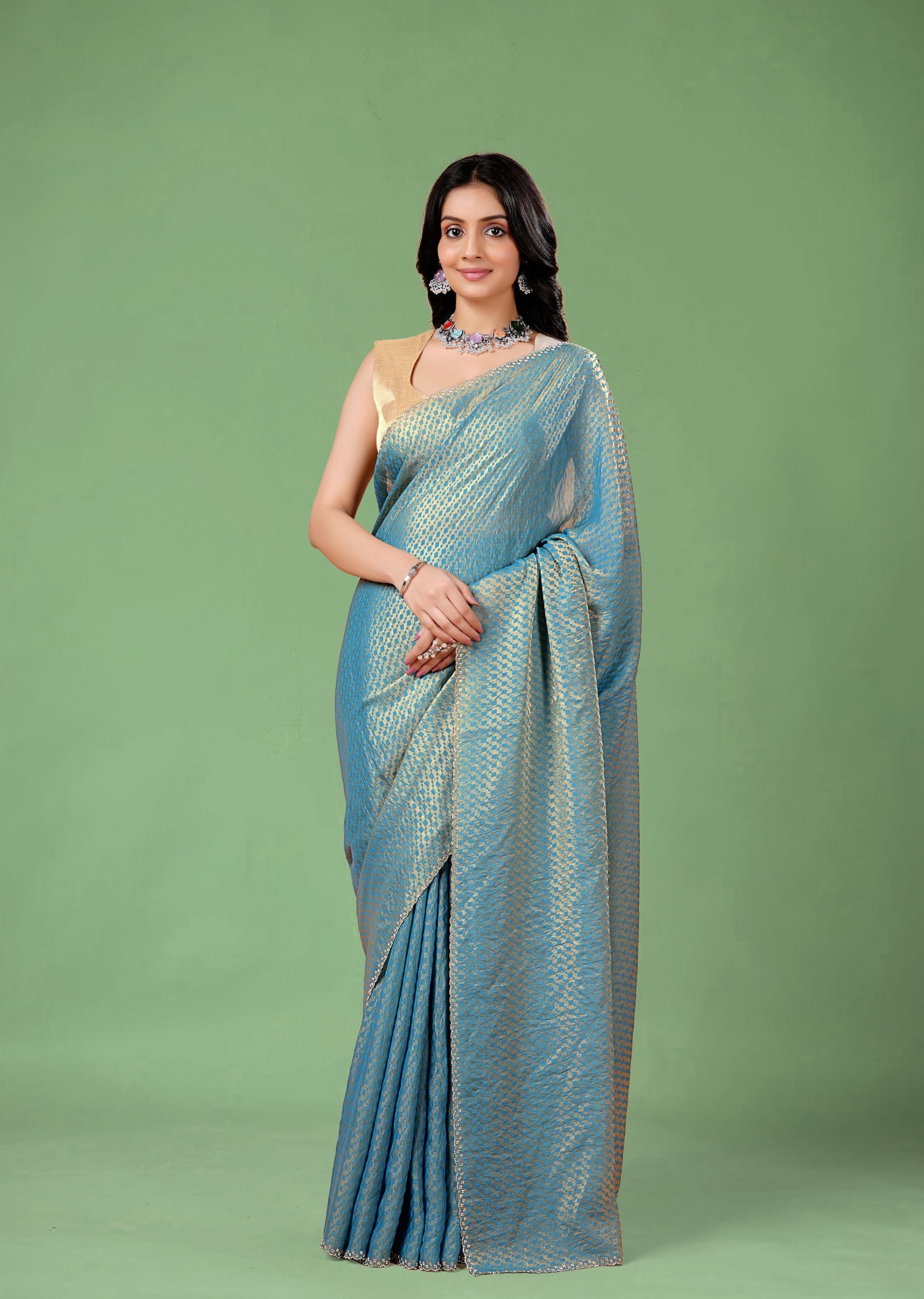 Sky Blue Organza Printed Saree with Stone Work Border Detailing