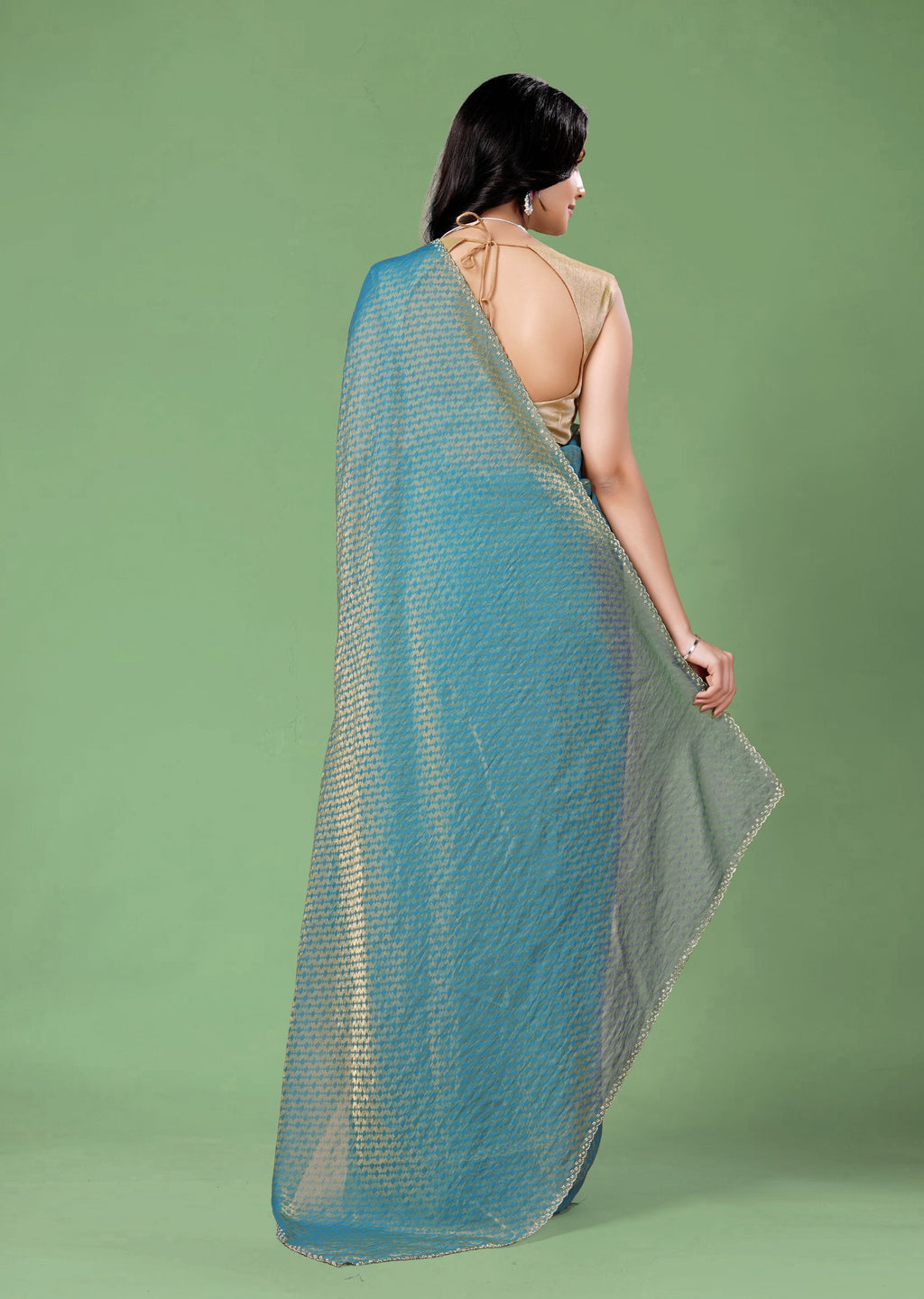 Sky Blue Organza Printed Saree with Stone Work Border Detailing