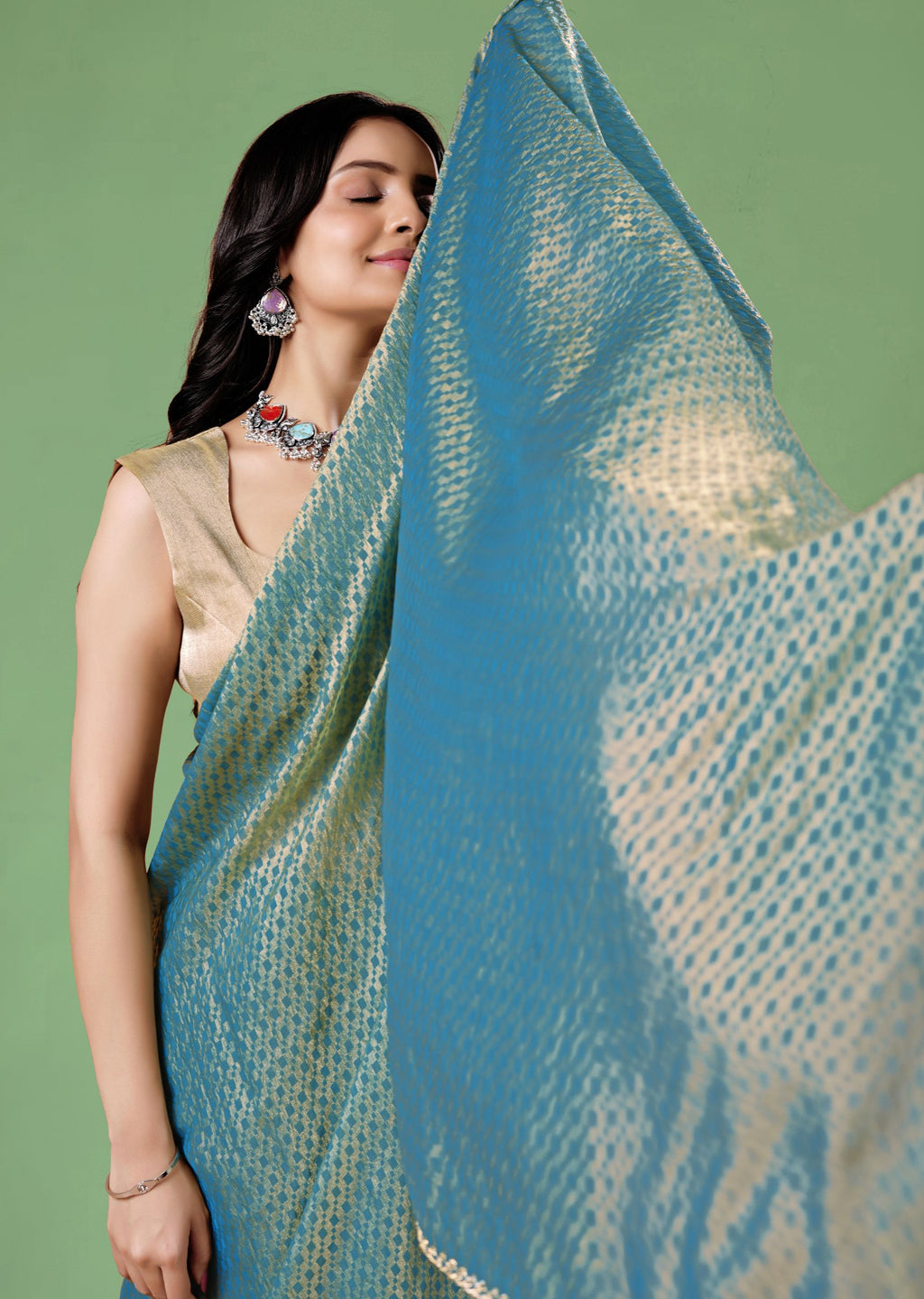 Sky Blue Organza Printed Saree with Stone Work Border Detailing