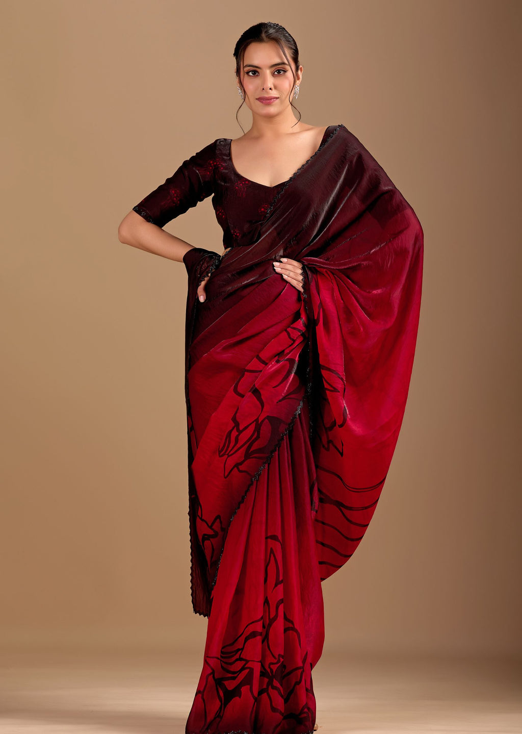 Wine Purple Organza Saree with Abstract Floral Print & Designer Scalloped Border