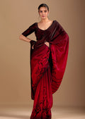 Wine Purple Organza Saree with Abstract Floral Print & Designer Scalloped Border