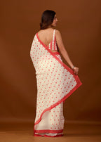 Soft Red Chiffon Polka Dot Printed Saree with Contrast Border