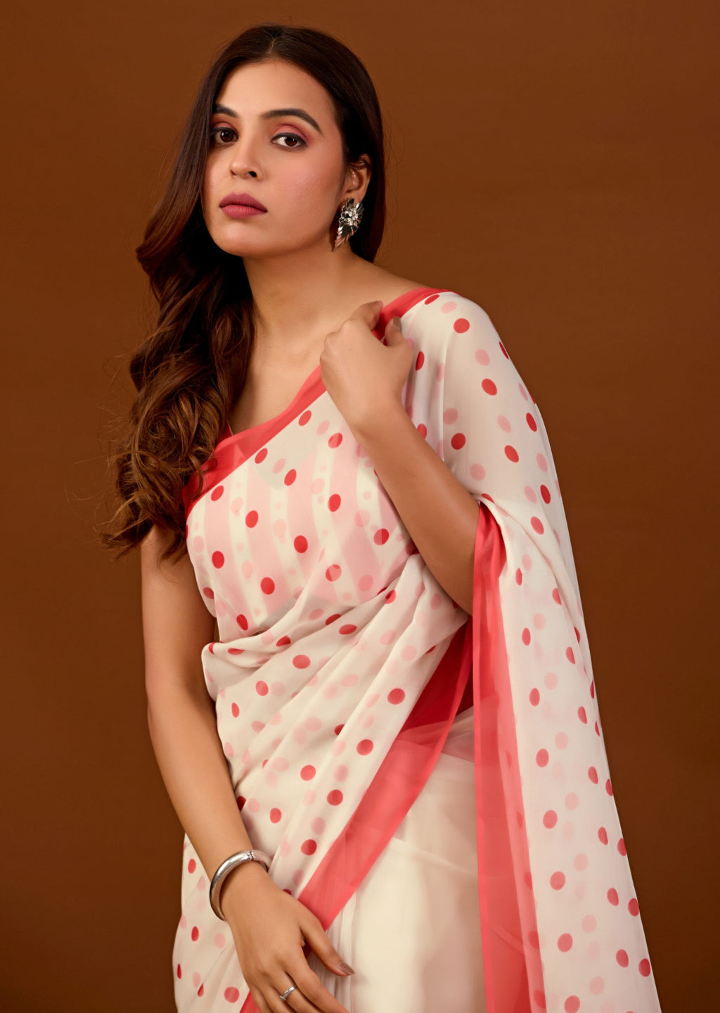 Soft Red Chiffon Polka Dot Printed Saree with Contrast Border