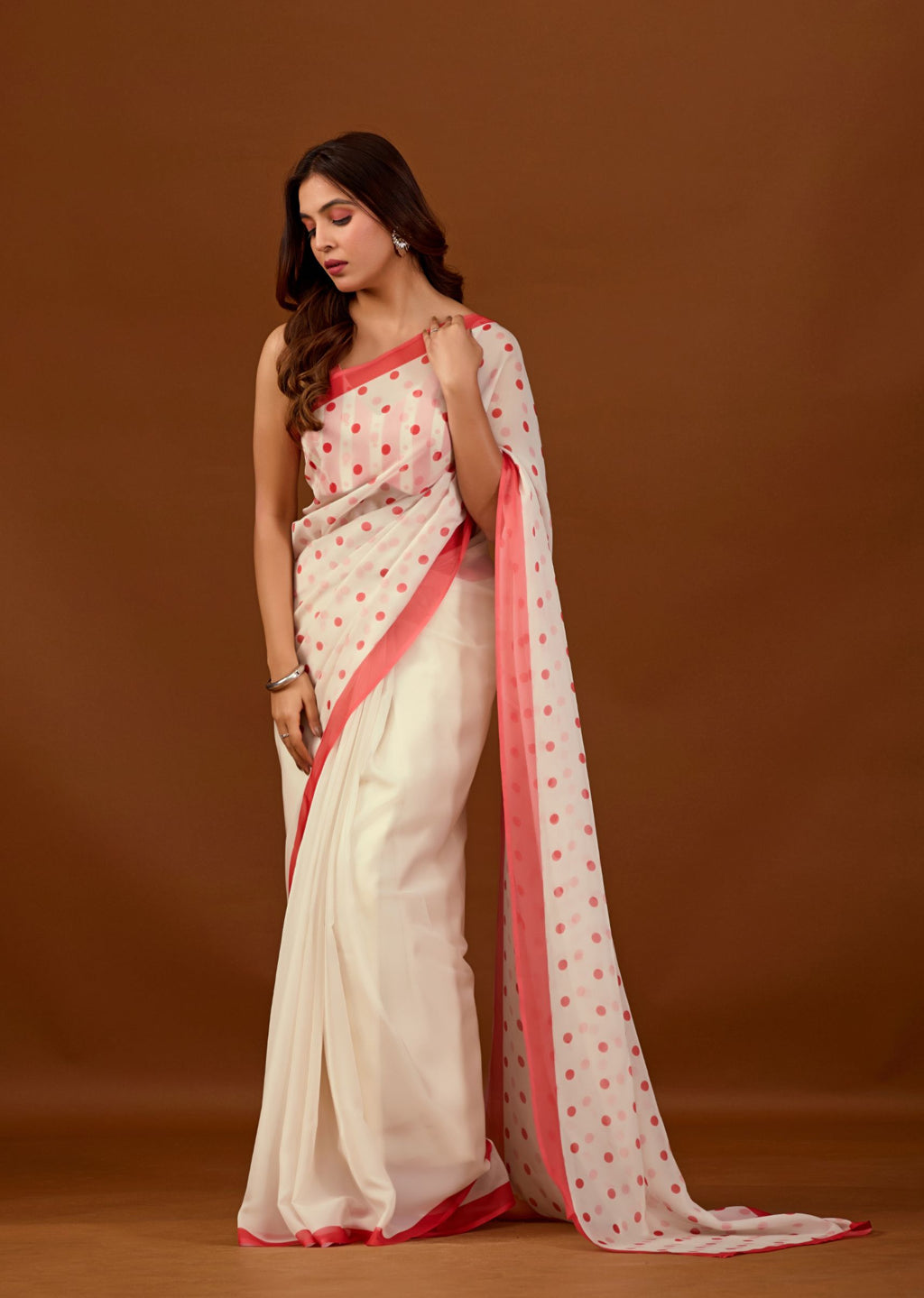 Soft Red Chiffon Polka Dot Printed Saree with Contrast Border