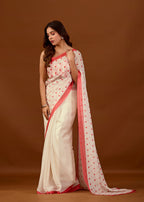 Soft Red Chiffon Polka Dot Printed Saree with Contrast Border