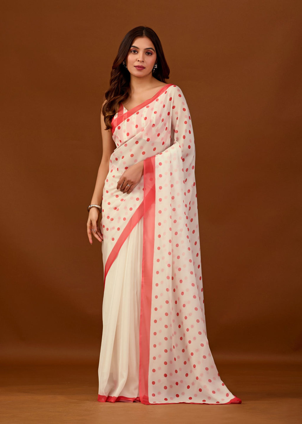Soft Red Chiffon Polka Dot Printed Saree with Contrast Border