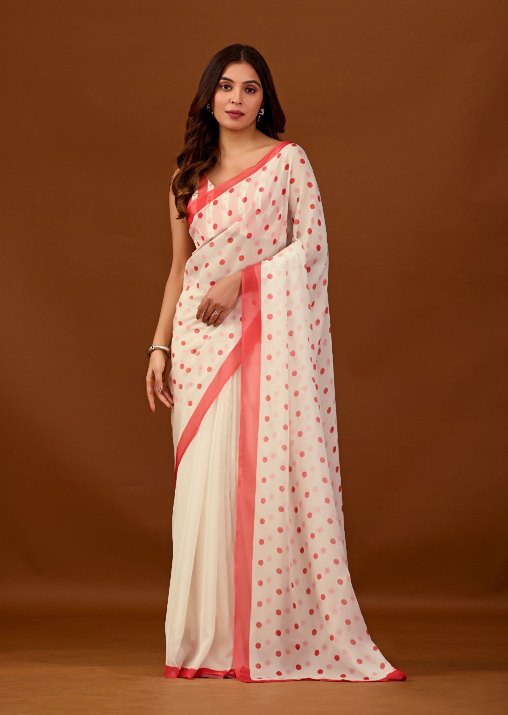 Soft Red Chiffon Polka Dot Printed Saree with Contrast Border