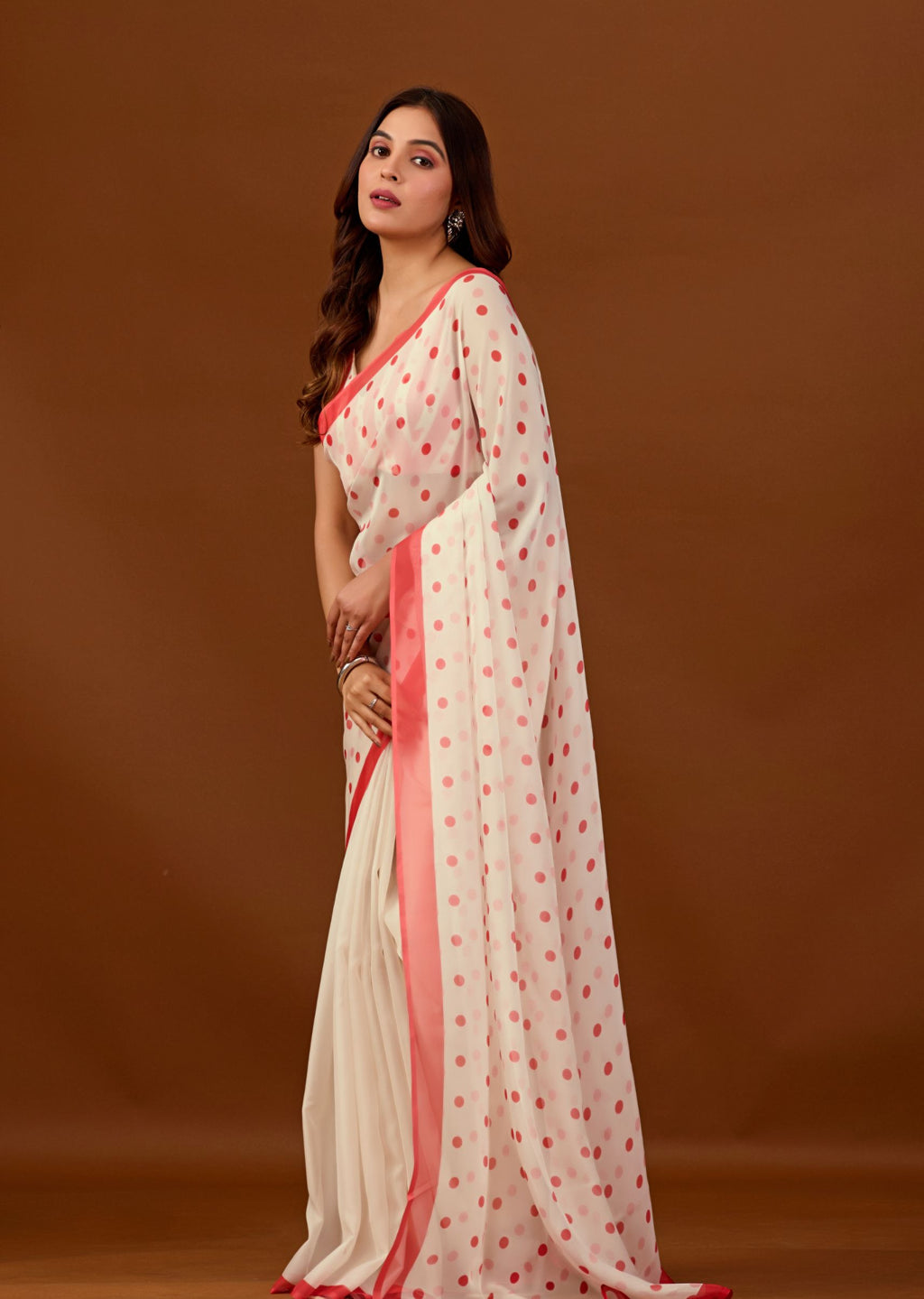 Soft Red Chiffon Polka Dot Printed Saree with Contrast Border