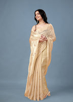 Cream Tissue Saree with Embroidered Buti Work and Shimmer Finish