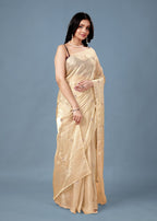 Cream Tissue Saree with Embroidered Buti Work and Shimmer Finish