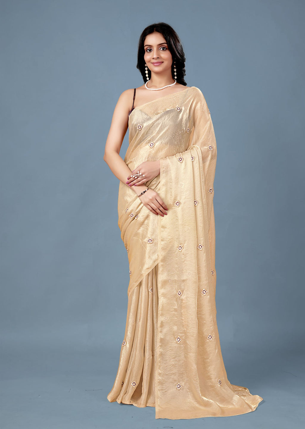 Cream Tissue Saree with Embroidered Buti Work and Shimmer Finish
