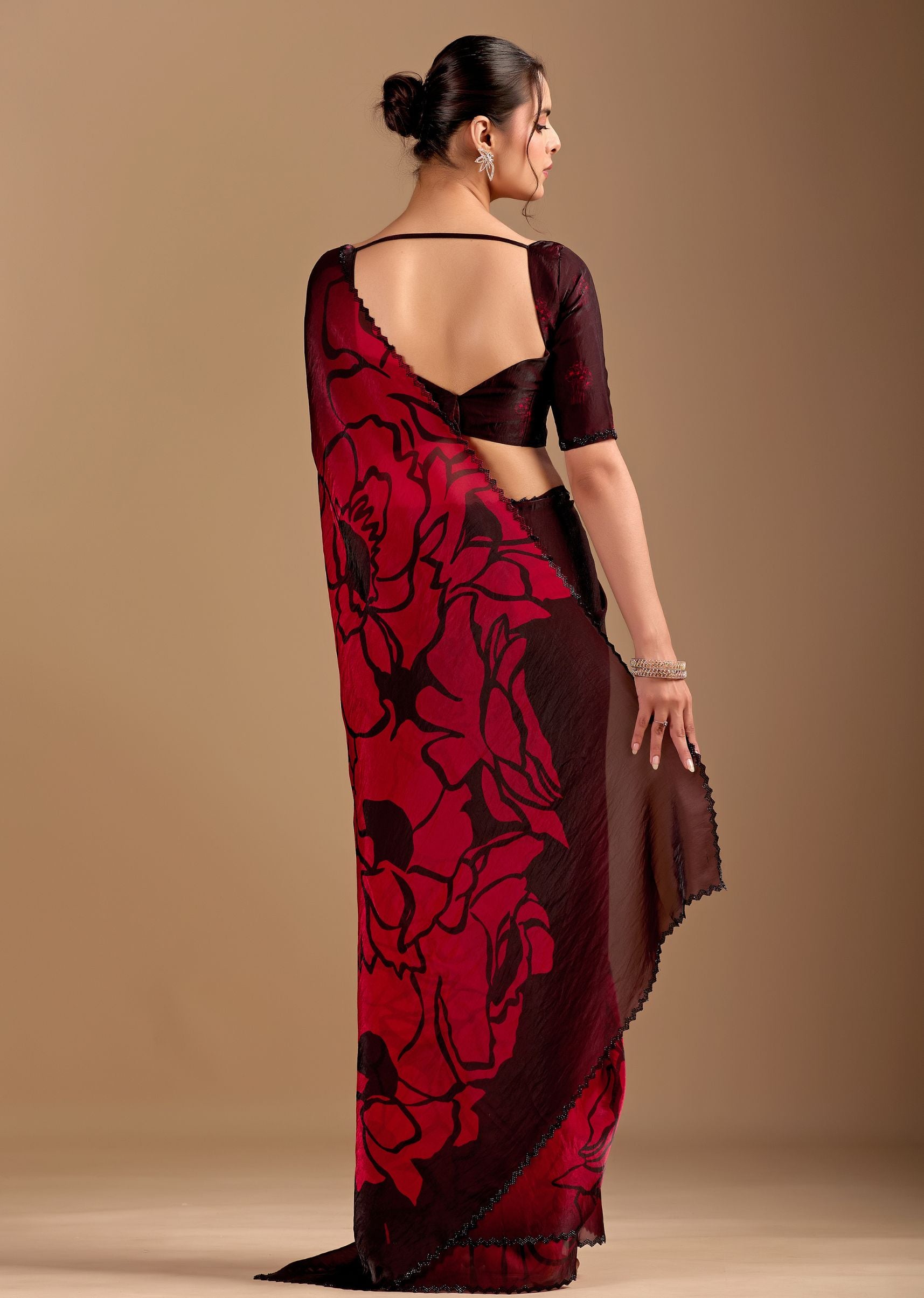 Wine Purple Organza Saree with Abstract Floral Print & Designer Scalloped Border
