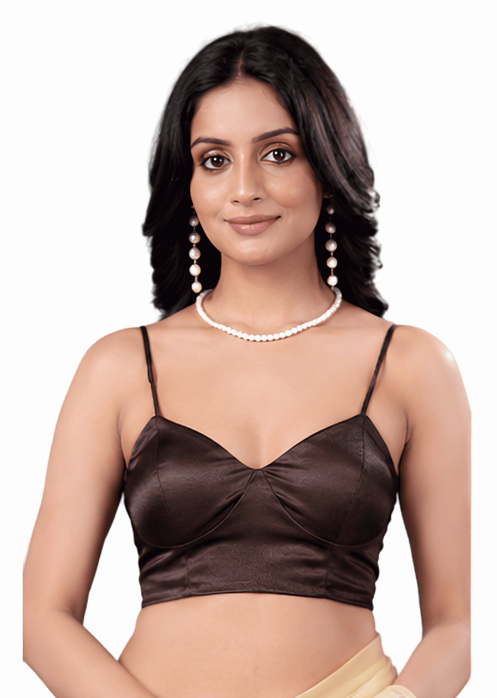 Coffee Brown Sweetheart Neck Spaghetti Strap Readymade Blouse for Women