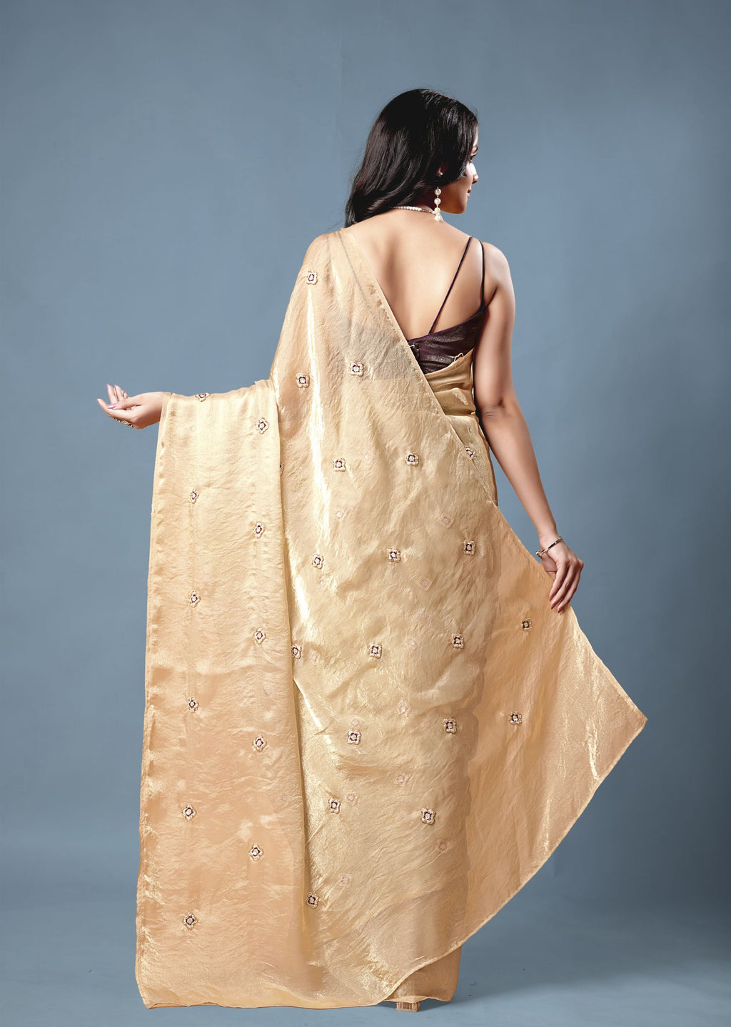Cream Tissue Saree with Embroidered Buti Work and Shimmer Finish