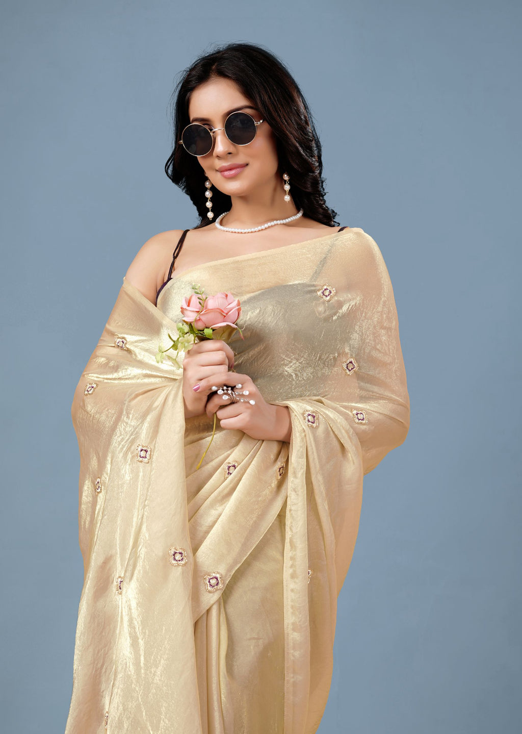 Cream Tissue Saree with Embroidered Buti Work and Shimmer Finish
