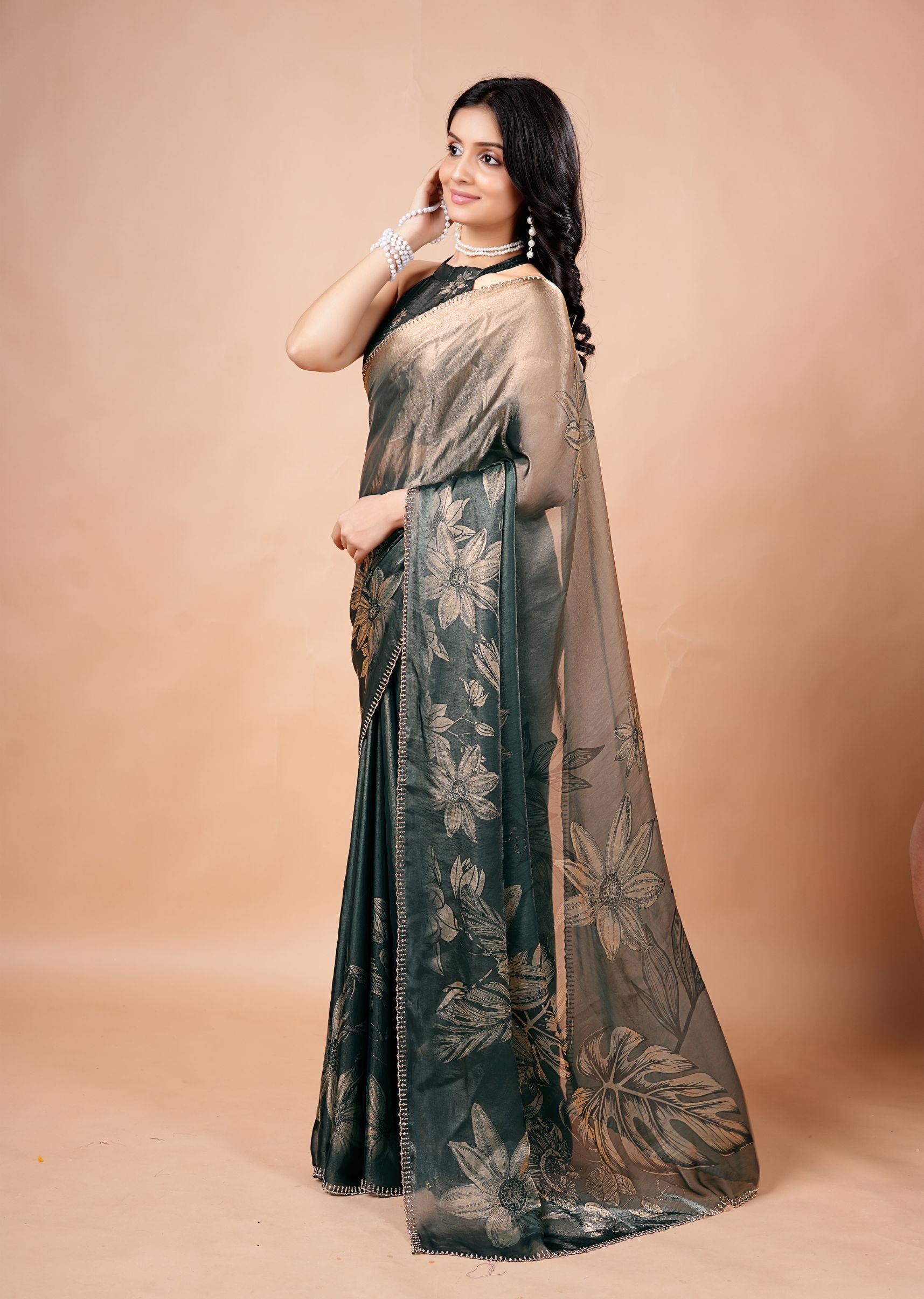 Dusty Lavender Organza Saree with Floral Print & Stone Work Border