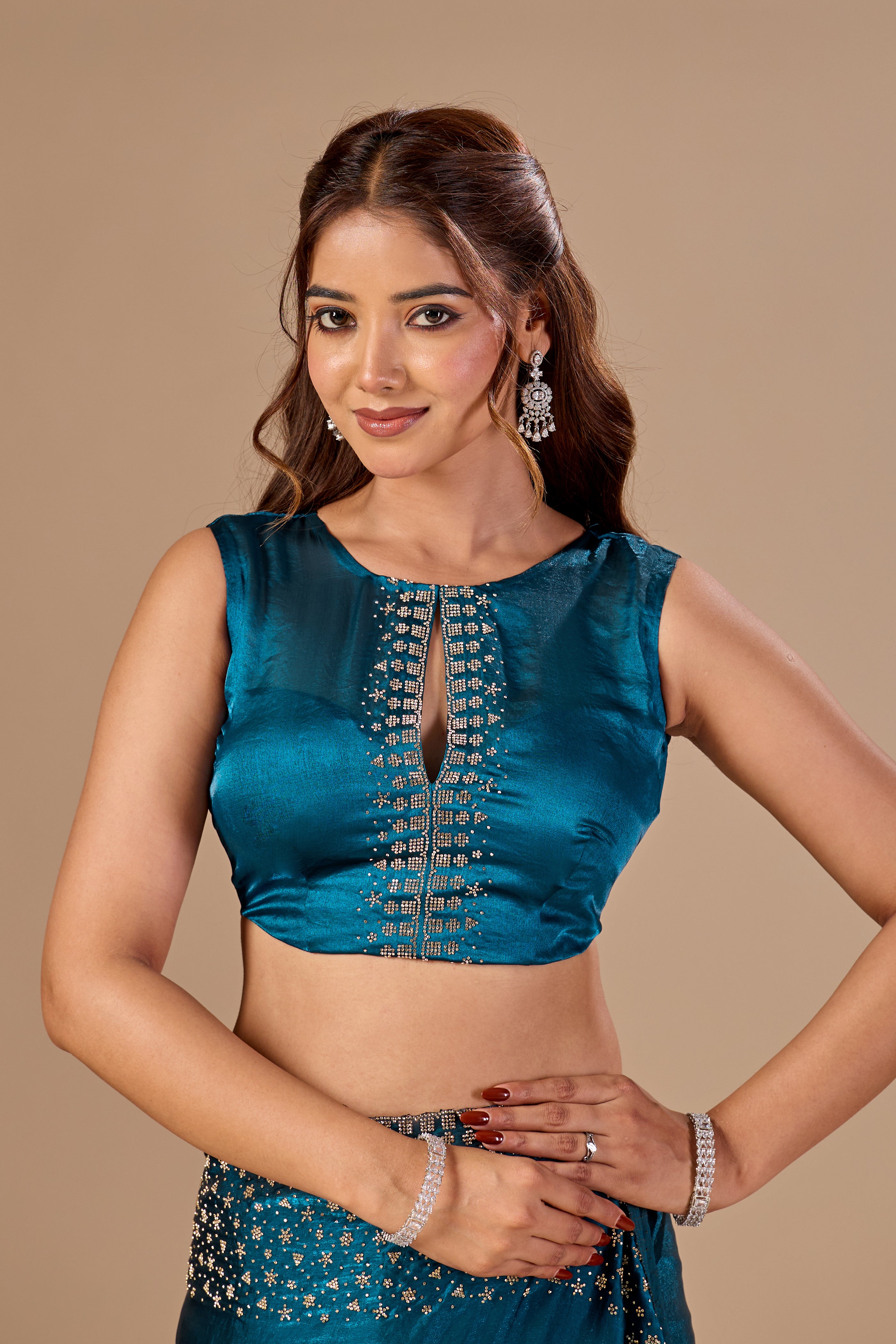 Teal Blue Tissue Silk Saree With Stone Work