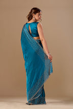 Teal Blue Tissue Silk Saree With Stone Work